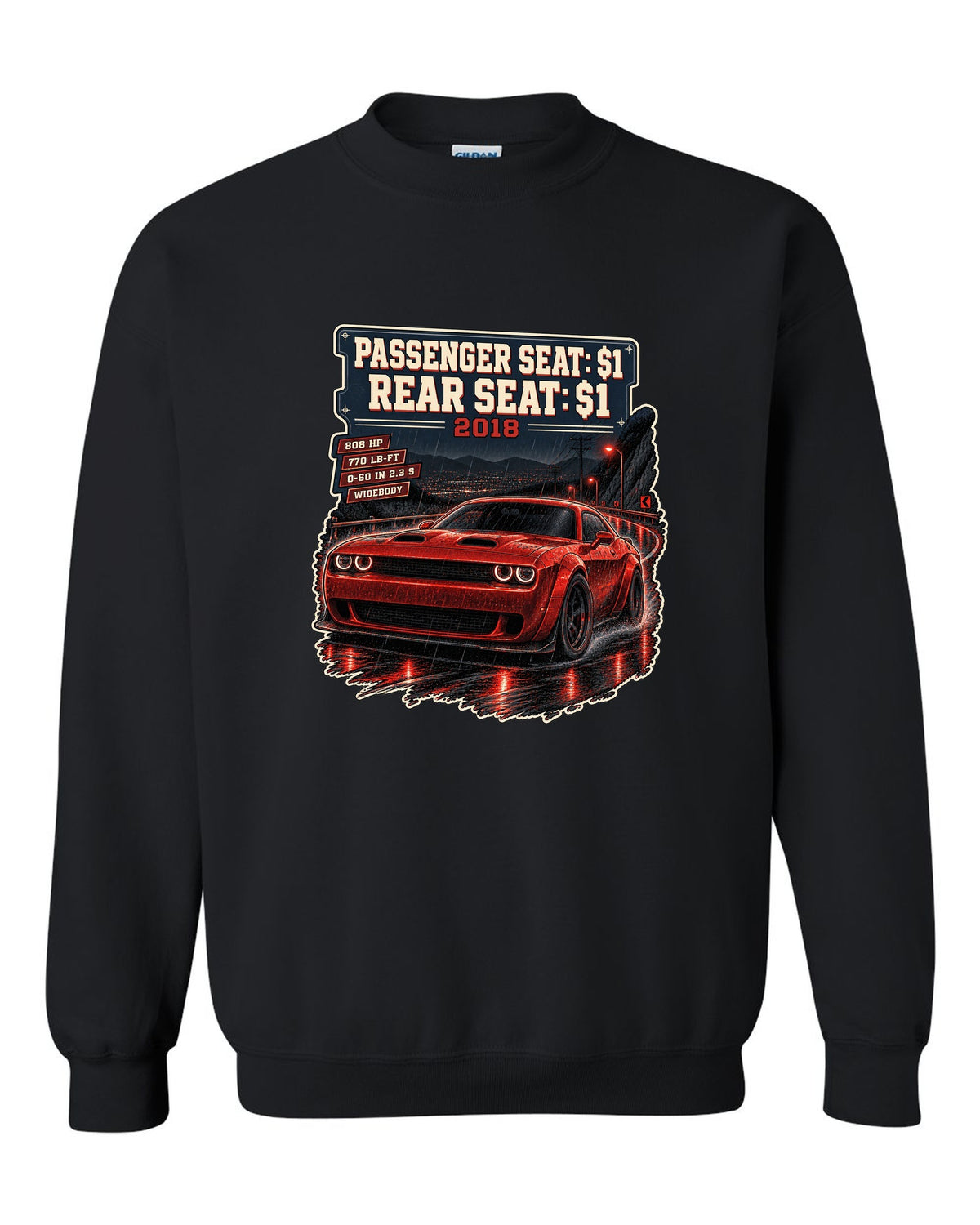 2018 Dodge Challenger SRT Demon on a night street print with seat price text black crewneck front view with the design