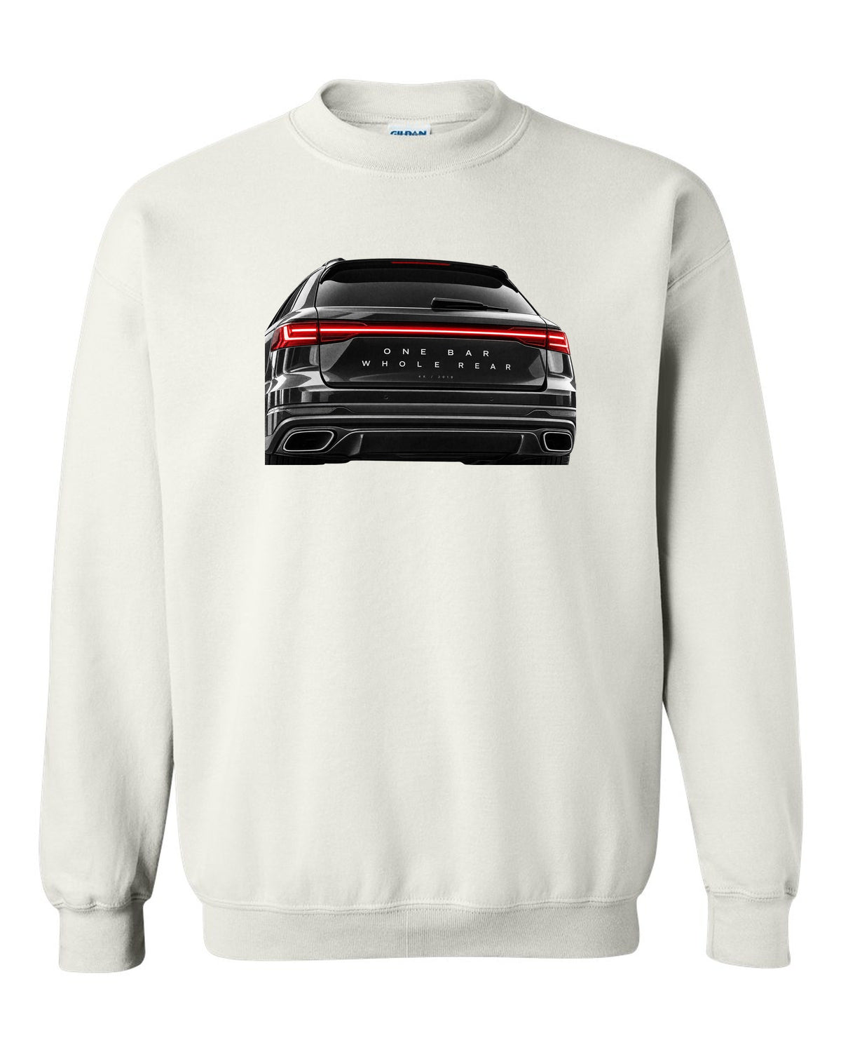 Taillight macro print of the Audi RS6 Avant C8 rear light bar white crewneck front view with the design
