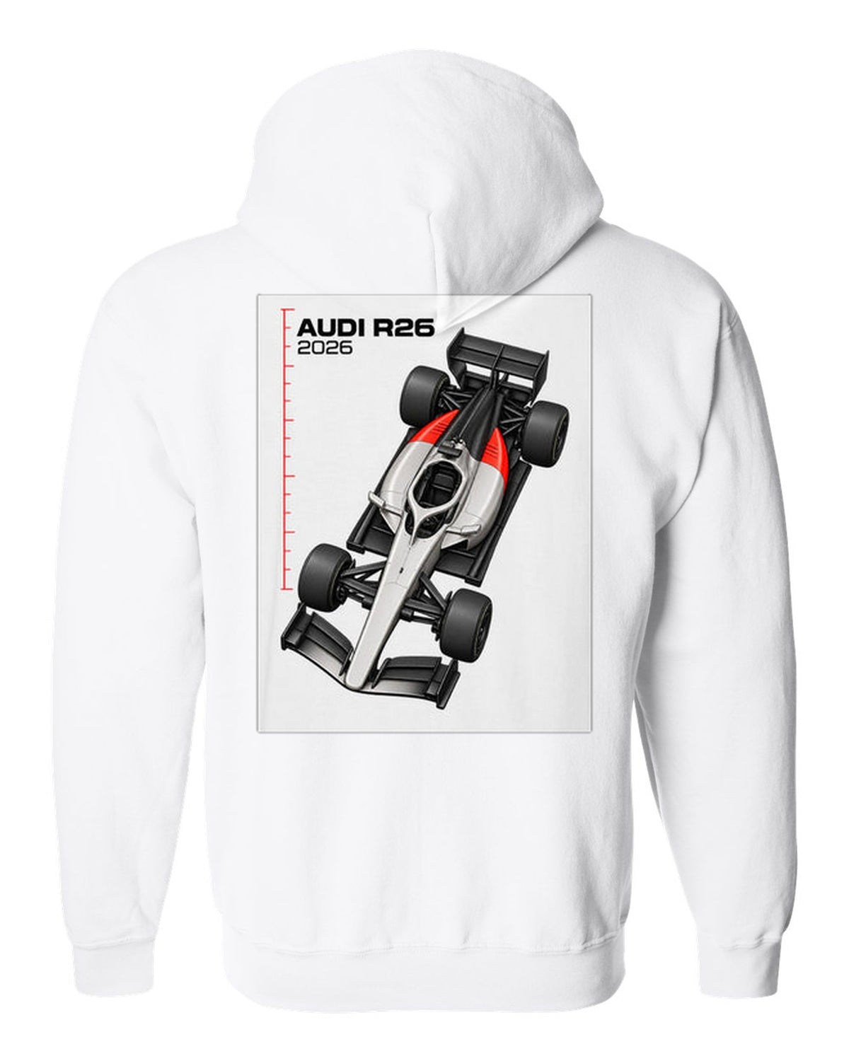 Audi R26 2026 F1 car technical poster artwork white zip hoodie back view with the design