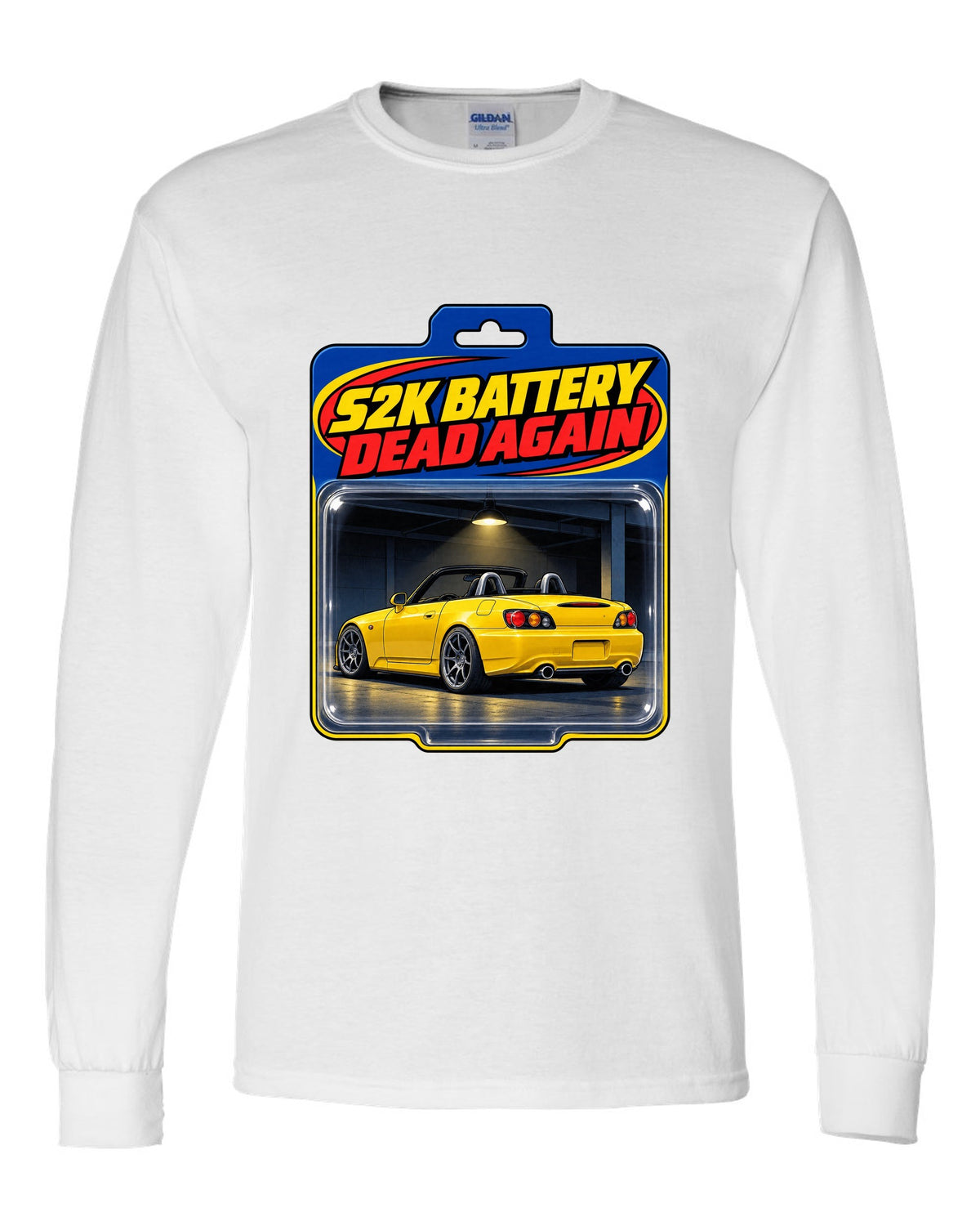 Toy blister card print of a 2004 Honda S2000 AP2 roadster with S2K battery dead again text white long sleeve front view with the design