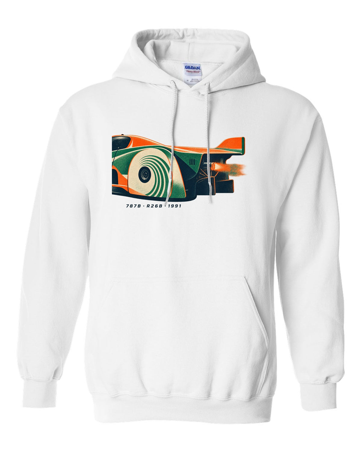 Risograph print of a Mazda 787B wheel and exhaust with R26B and 1991 text white pull over hoodie front view with the design