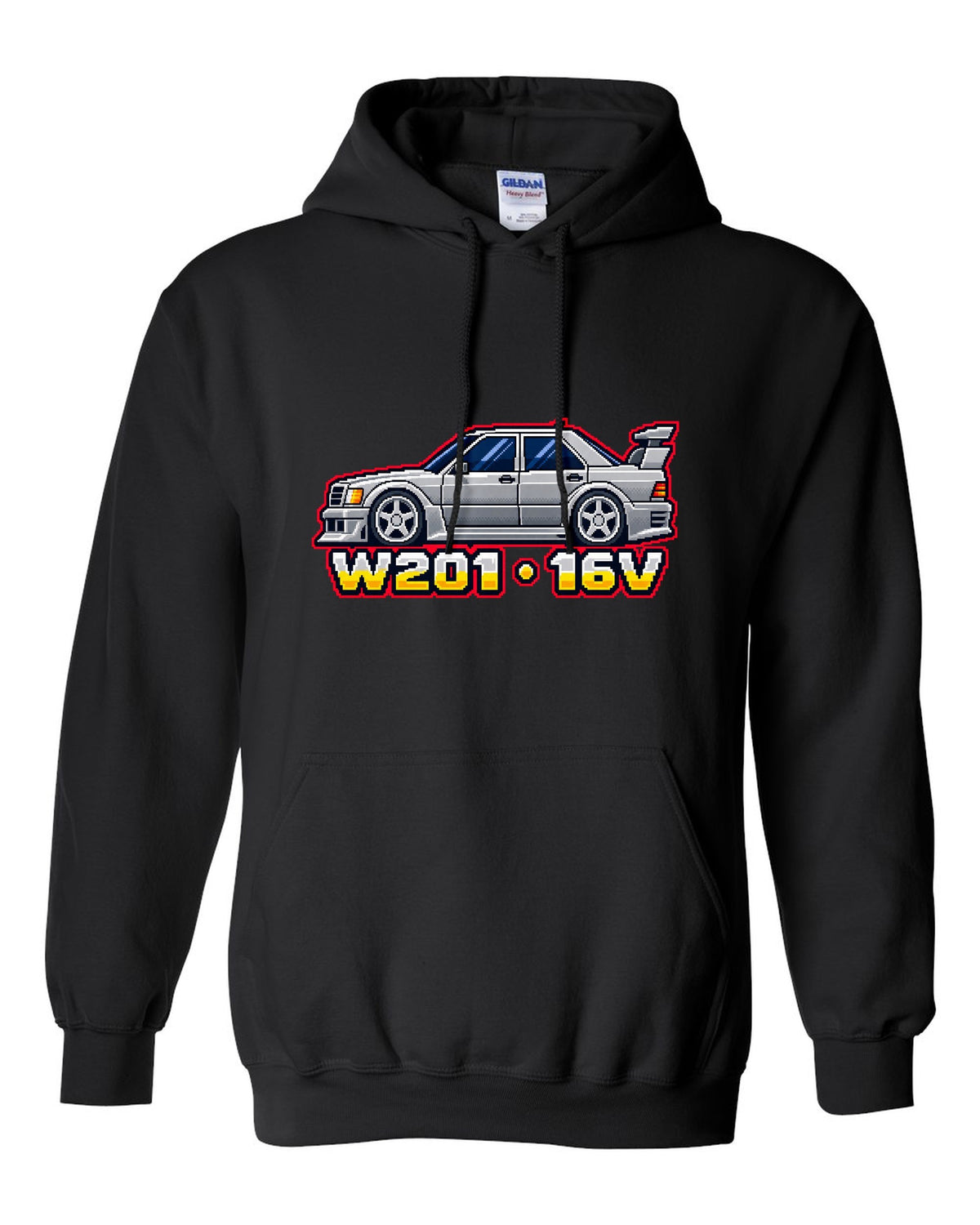 Mercedes 190E Evo II W201 16-Bit Pixel Art Tee, Car black pull over hoodie front view with the design