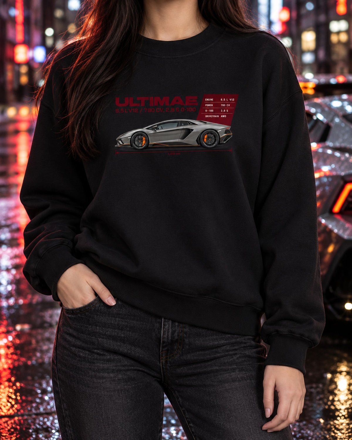 Lamborghini Aventador Ultimae Spec Poster Tee, V12 Fan Crewneck Black worn hero