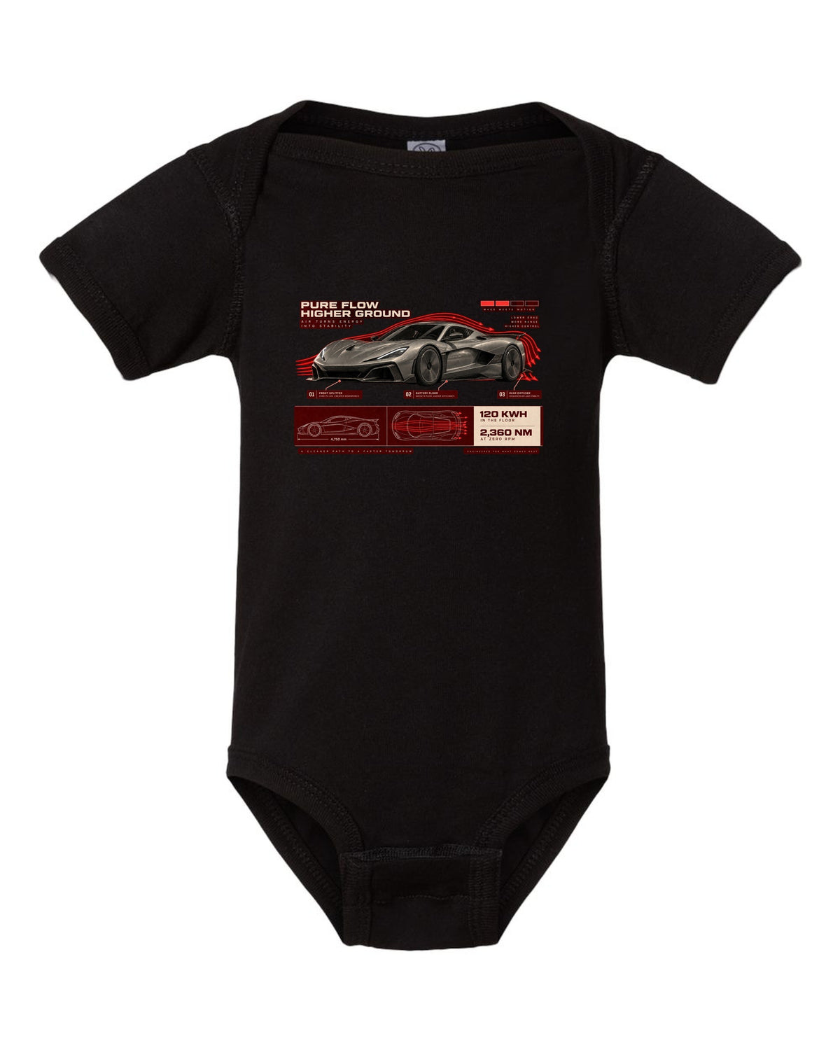 Rimac Nevera 2021 low front three-quarter aero callouts print with 120 kWh and 2,360 Nm text black baby onesie front view with the design