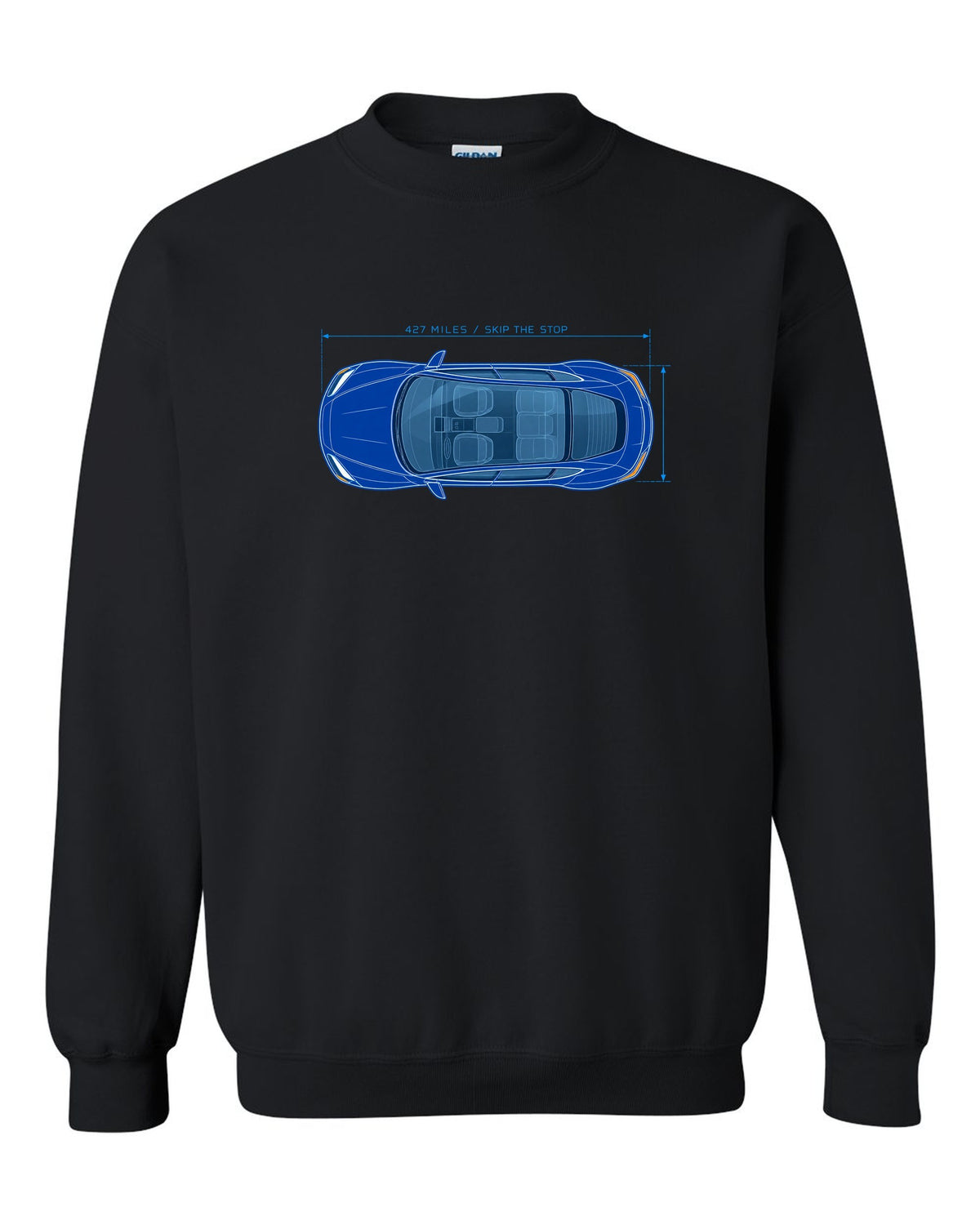 Lucid Air Sapphire white and cyan blueprint print with the text 427 miles skip the stop black crewneck front view with the design