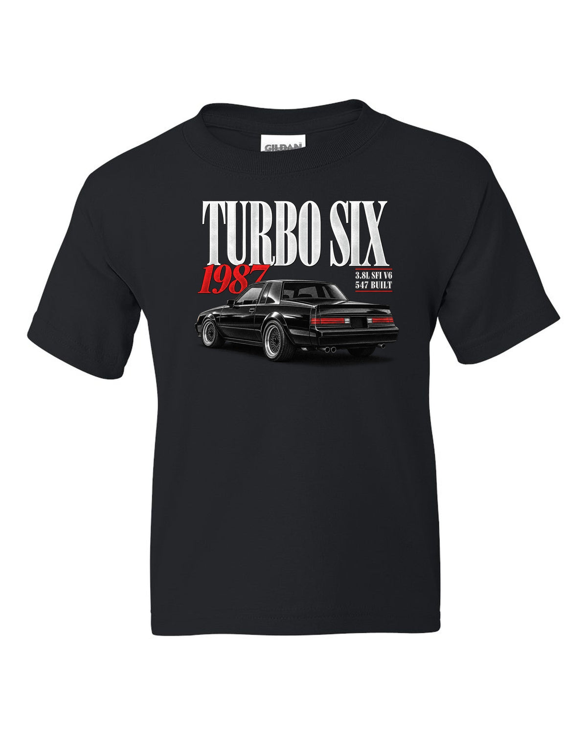 Editorial archive print for a 1987 Buick Regal Grand National GNX with turbo six text black kids tee front view with the design