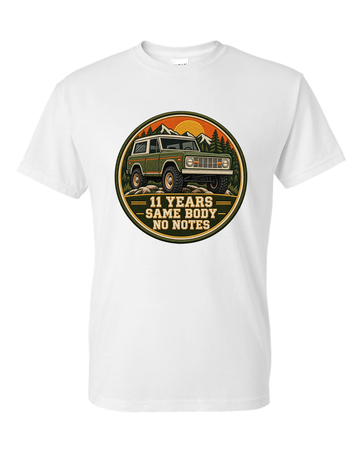 Varsity crest print for a 1966-77 Ford Bronco U15 wagon with 11 years same body text white t-shirt front view with the design