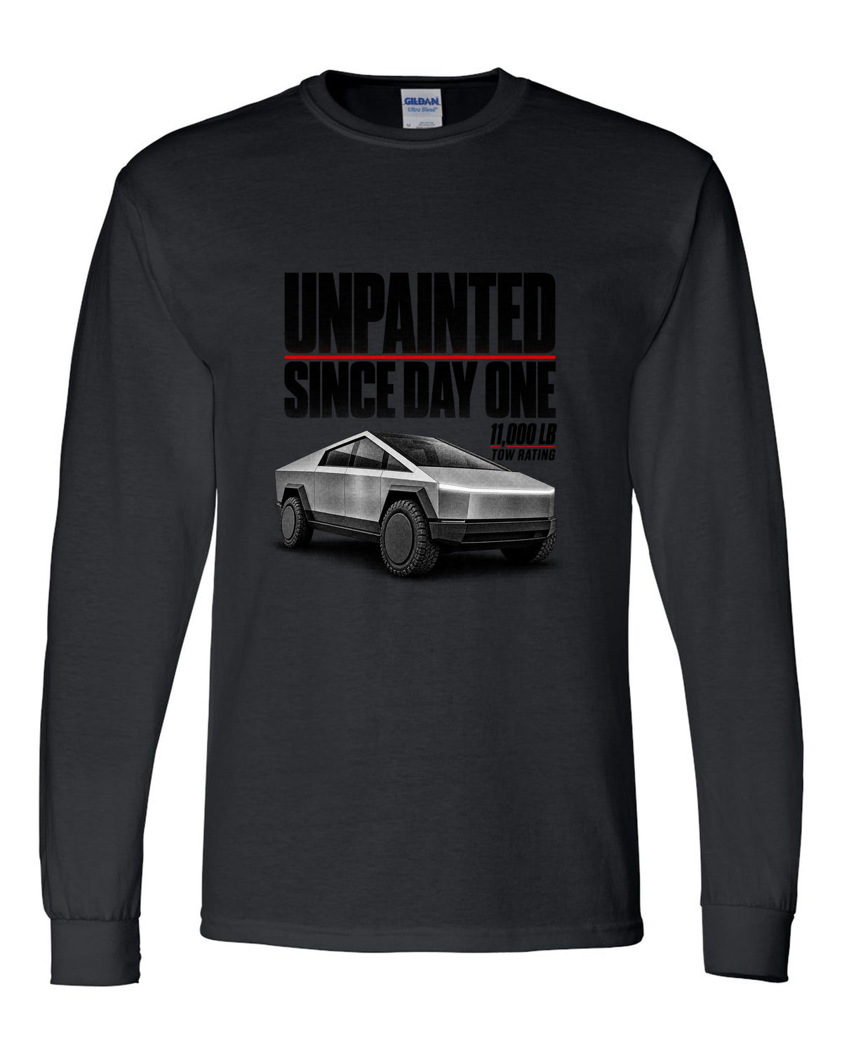 Halftone Tesla Cybertruck 2023 with unpainted since day one and 11,000 lb tow rating text black long sleeve front view with the design