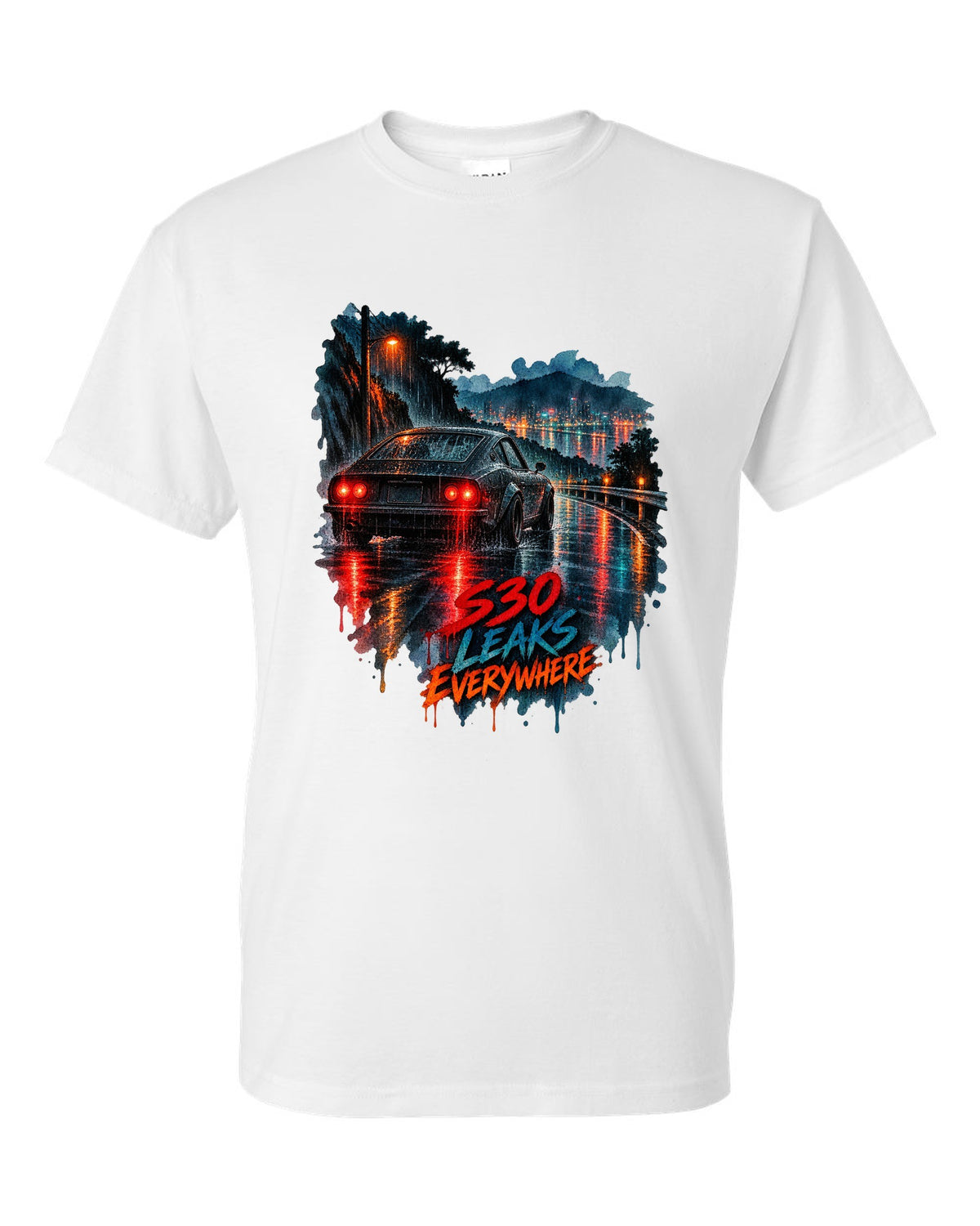 Watercolour wet-road night print of a Nissan Fairlady Z S30 with leaks everywhere lettering white t-shirt front view with the design