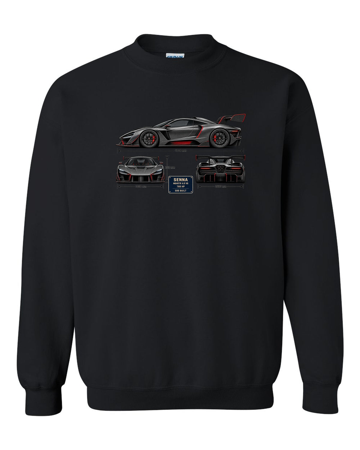 Three-view and spec table print of a McLaren Senna in graphite and red black crewneck front view with the design