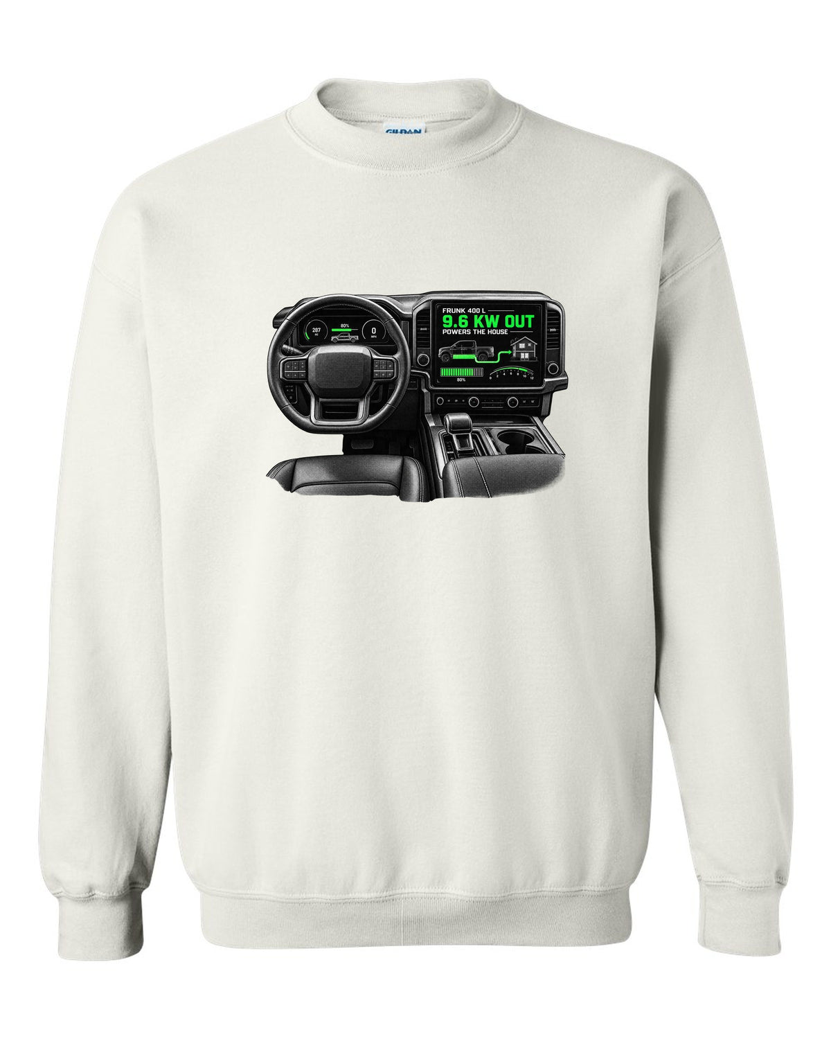Ford F-150 Lightning 2022 interior centre screen crop with frunk readout white crewneck front view with the design