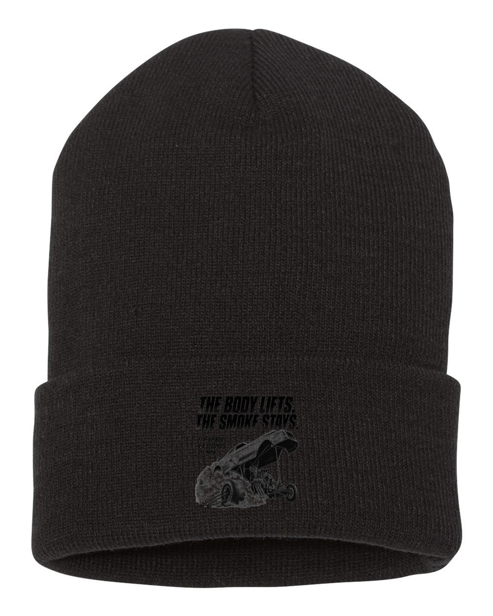 Funny Car Flip-Up Body Halftone Shirt, Drag Racing Statement Tee black beanie front view with car name