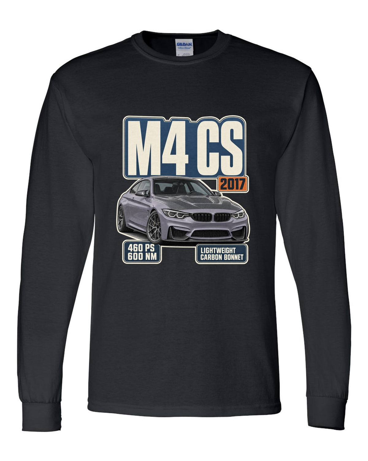BMW M4 CS F82 editorial headline print design black long sleeve front view with the design