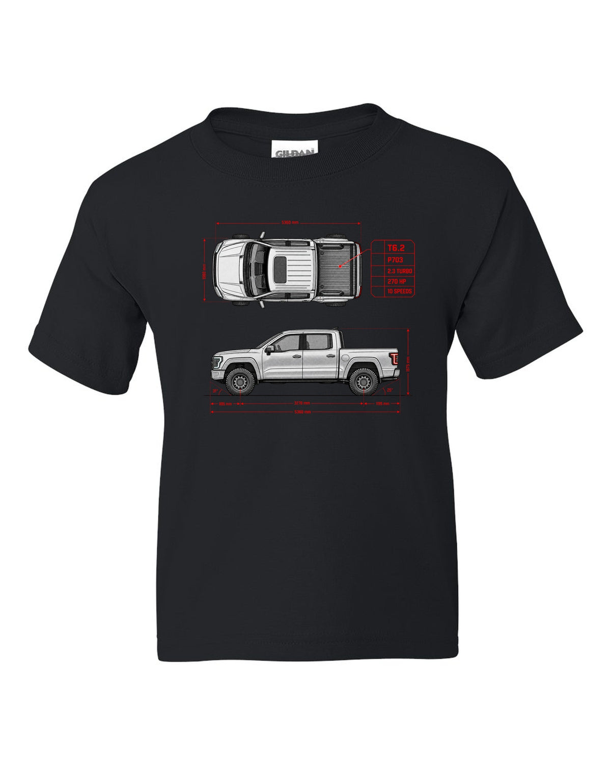 Ford Ranger T6.2 P703 spec poster print with 2.3 turbo, 270 HP and 10 speeds black kids tee front view with the design