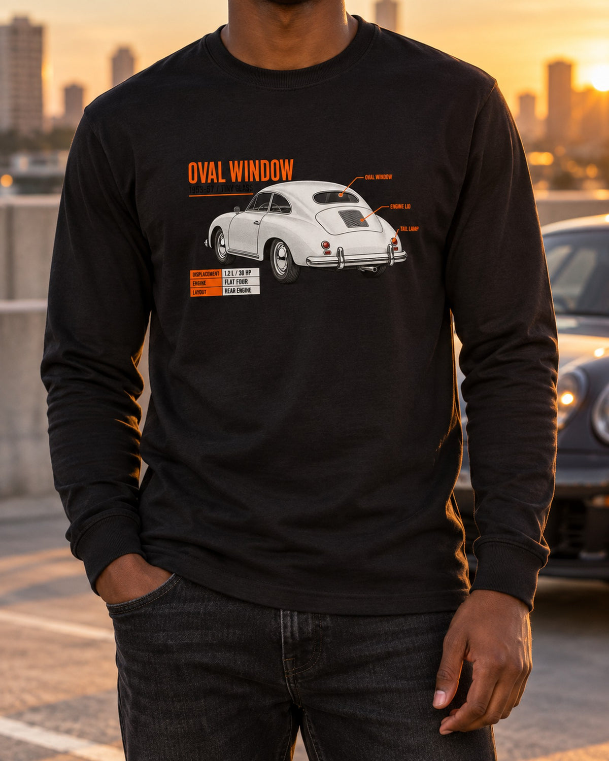 VW Beetle Oval Window 1953-57 Spec Poster Shirt, Car Tee Long Sleeve Black worn hero