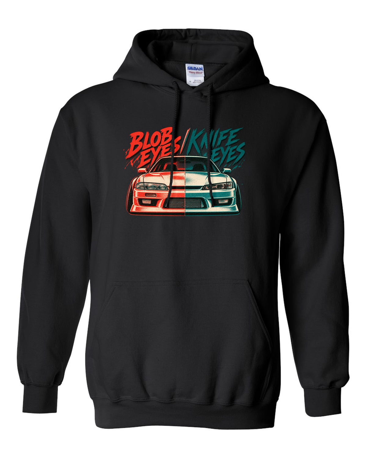 Risograph two-colour print comparing Nissan Silvia S14 zenki and kouki front ends black pull over hoodie front view with the design