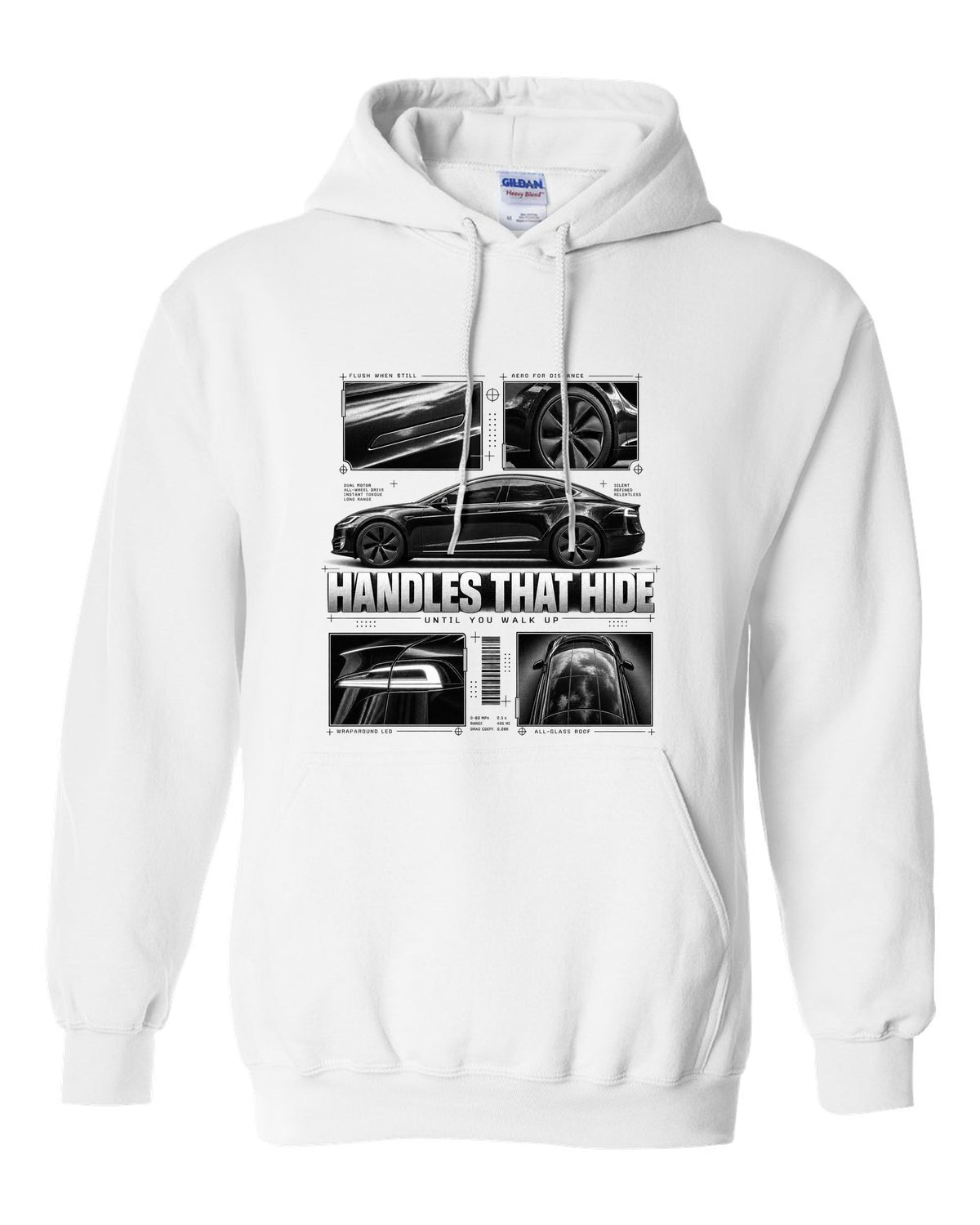 Tesla Model S Raven Side Profile Dossier white pull over hoodie front view with the design