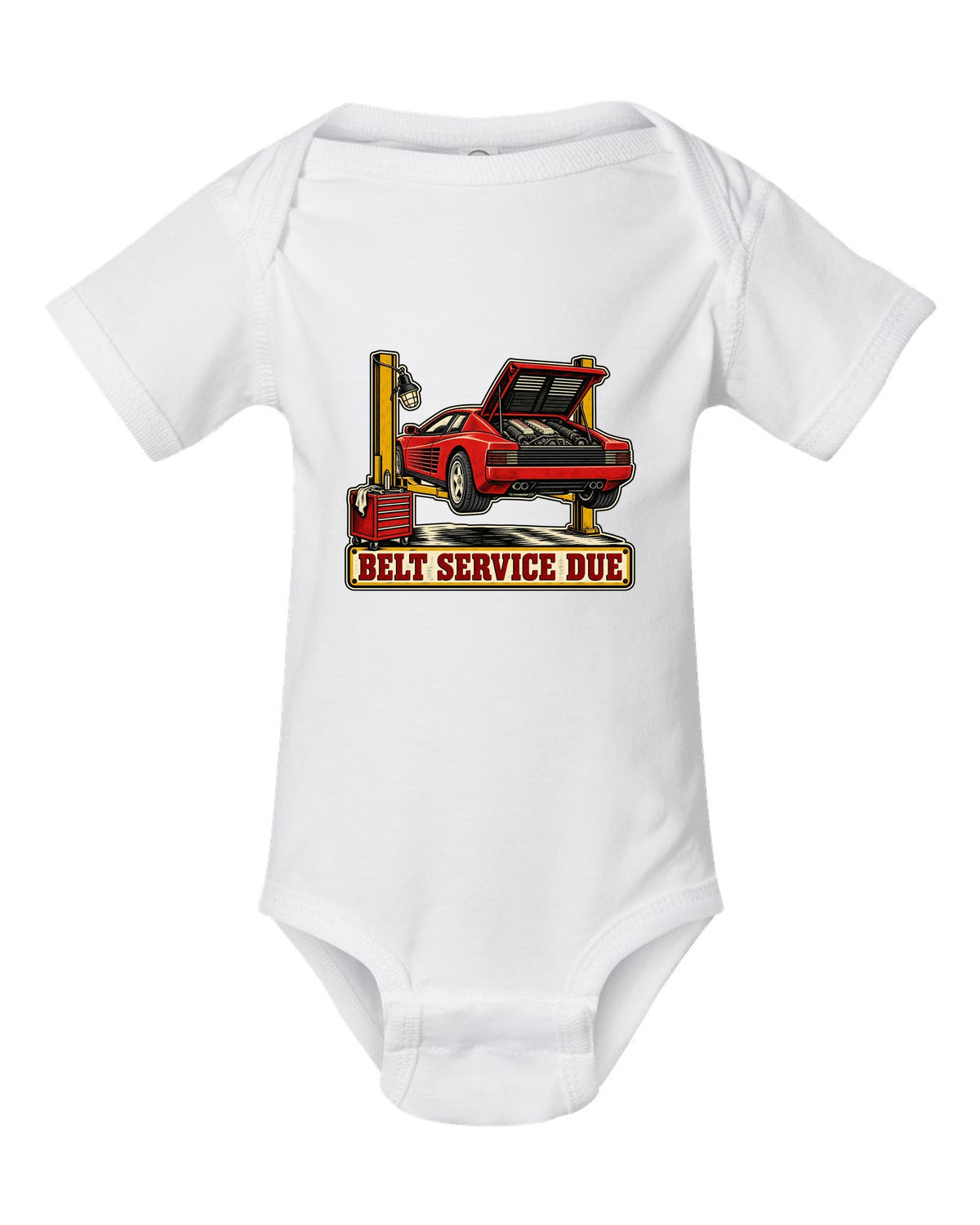 Two-colour linocut of Ferrari Testarossa with belt service due text white baby onesie front view with the design