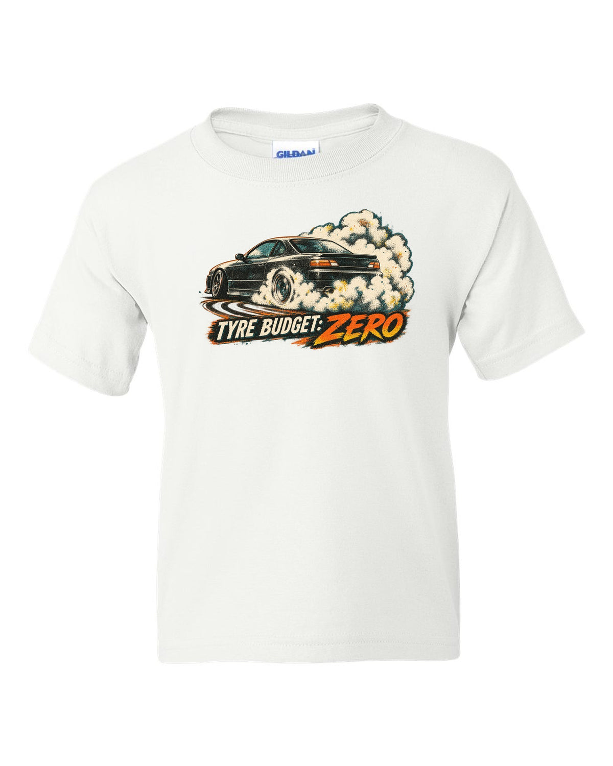 Distressed screenprint print of a 1999 Nissan Silvia S15 with Tyre Budget Zero lettering white kids tee front view with the design