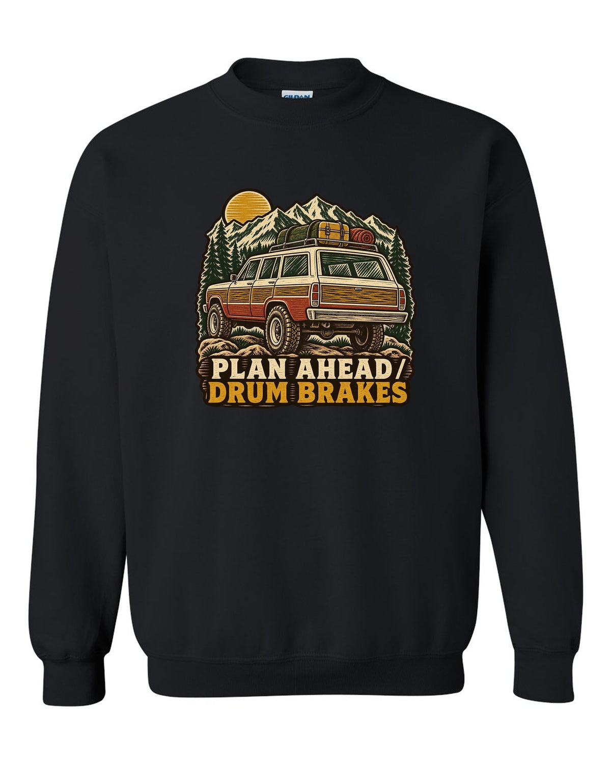 Linocut woodcut of a Toyota Land Cruiser FJ55 with Plan Ahead Drum Brakes lettering black crewneck front view with the design