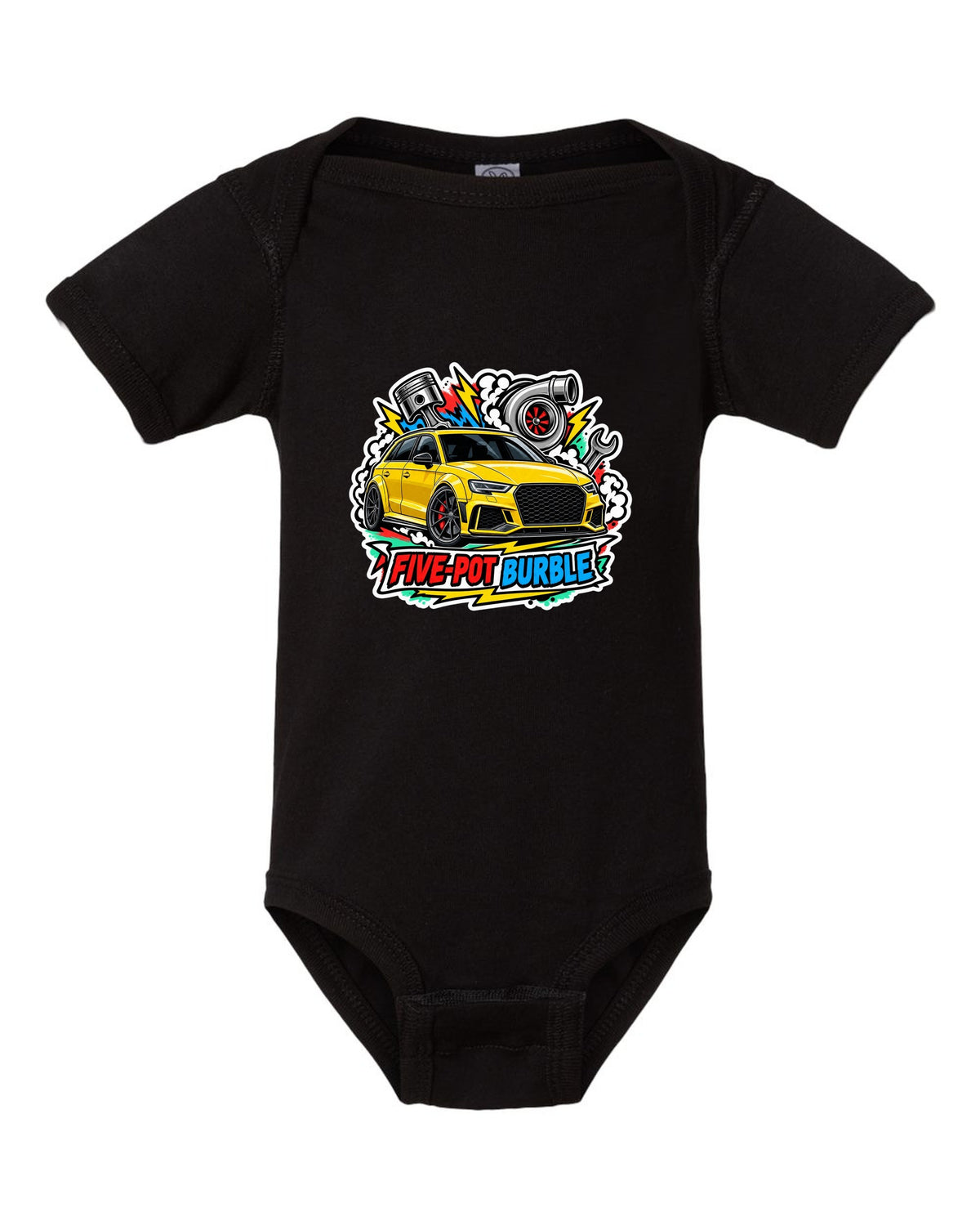 Sticker bomb collage print of an Audi RS3 8V with five-pot burble text black baby onesie front view with the design