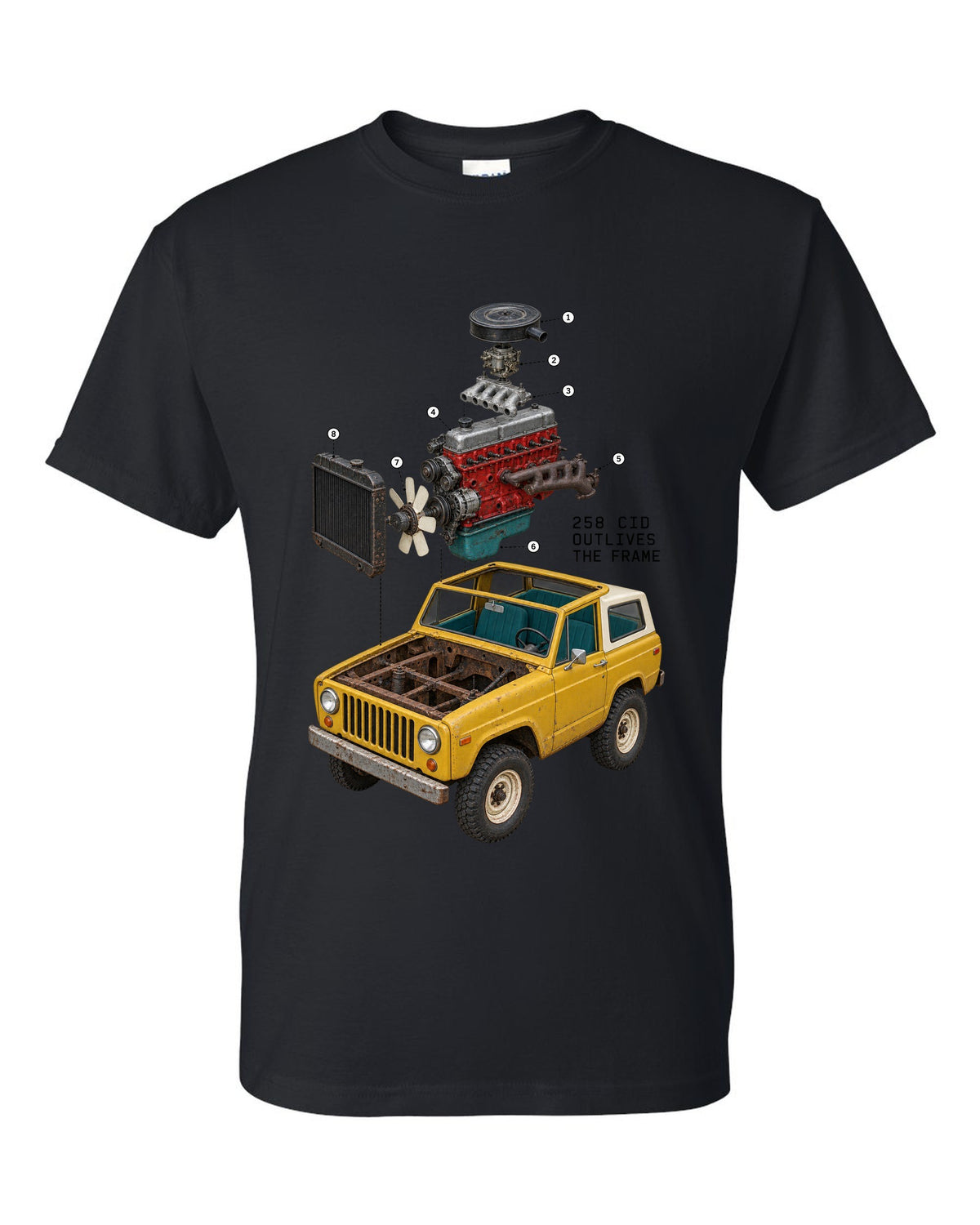 Exploded cutaway engine print of a Jeep CJ-7 258 CID inline-six black t-shirt front view with the design
