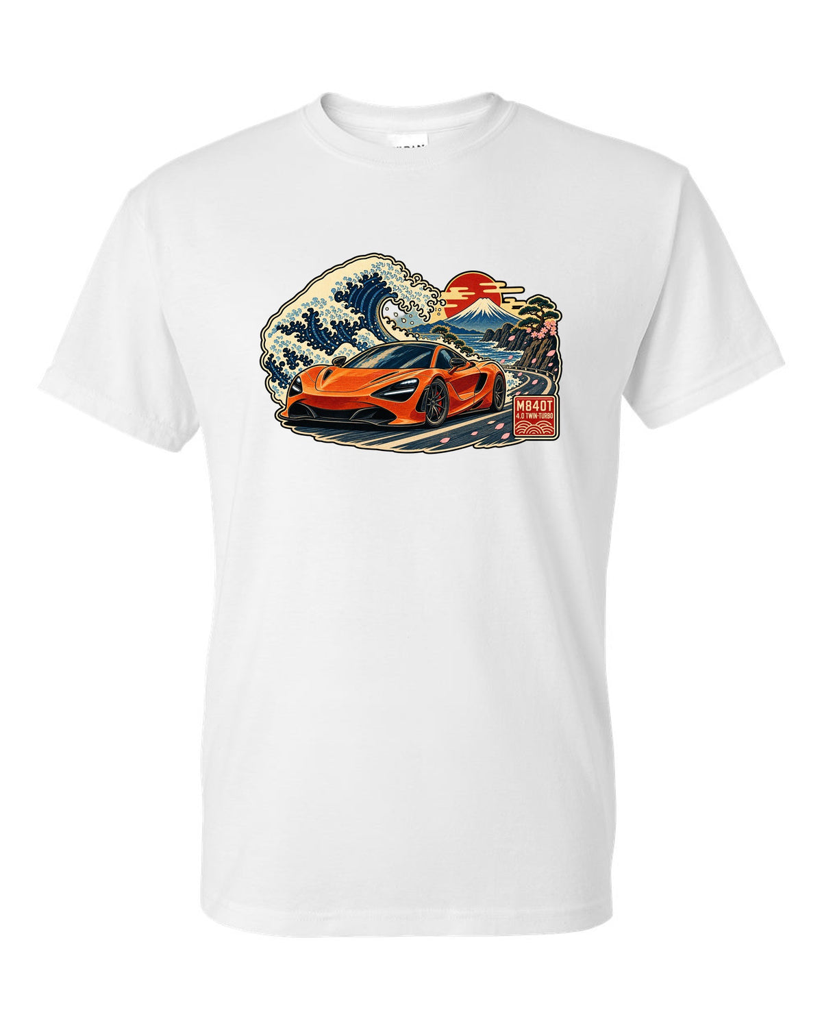 Ukiyo-e woodblock wave print of a McLaren 720S with M840T and 4.0 Twin-Turbo lettering white t-shirt front view with the design