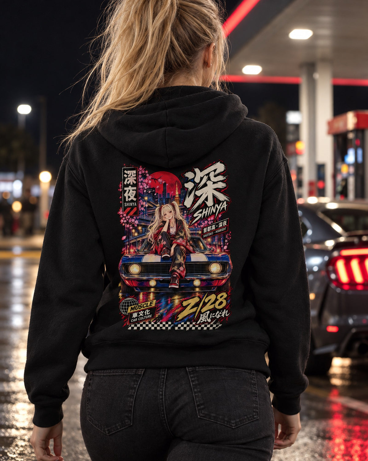SHINYA Z/28 Anime Girl Full-Back Graphic Tee Zip Hoodie Black worn hero