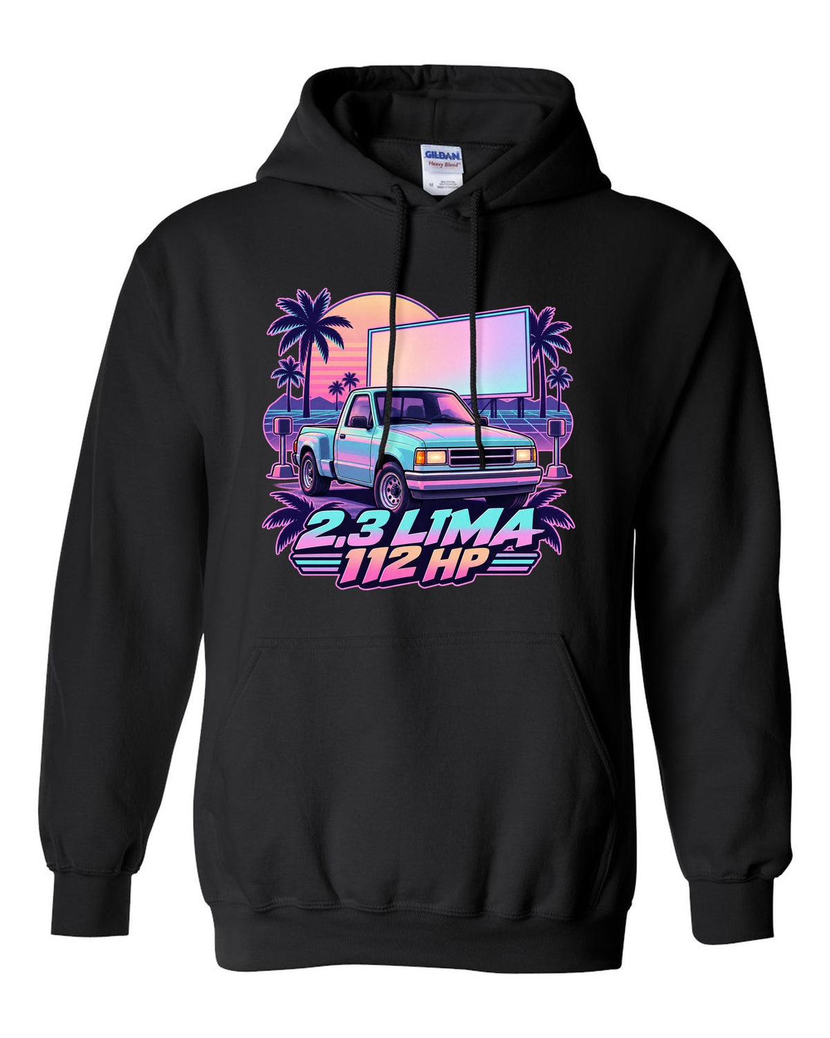 Ford Ranger 1995 stepside at a drive-in in a vaporwave pastel print black pull over hoodie front view with the design