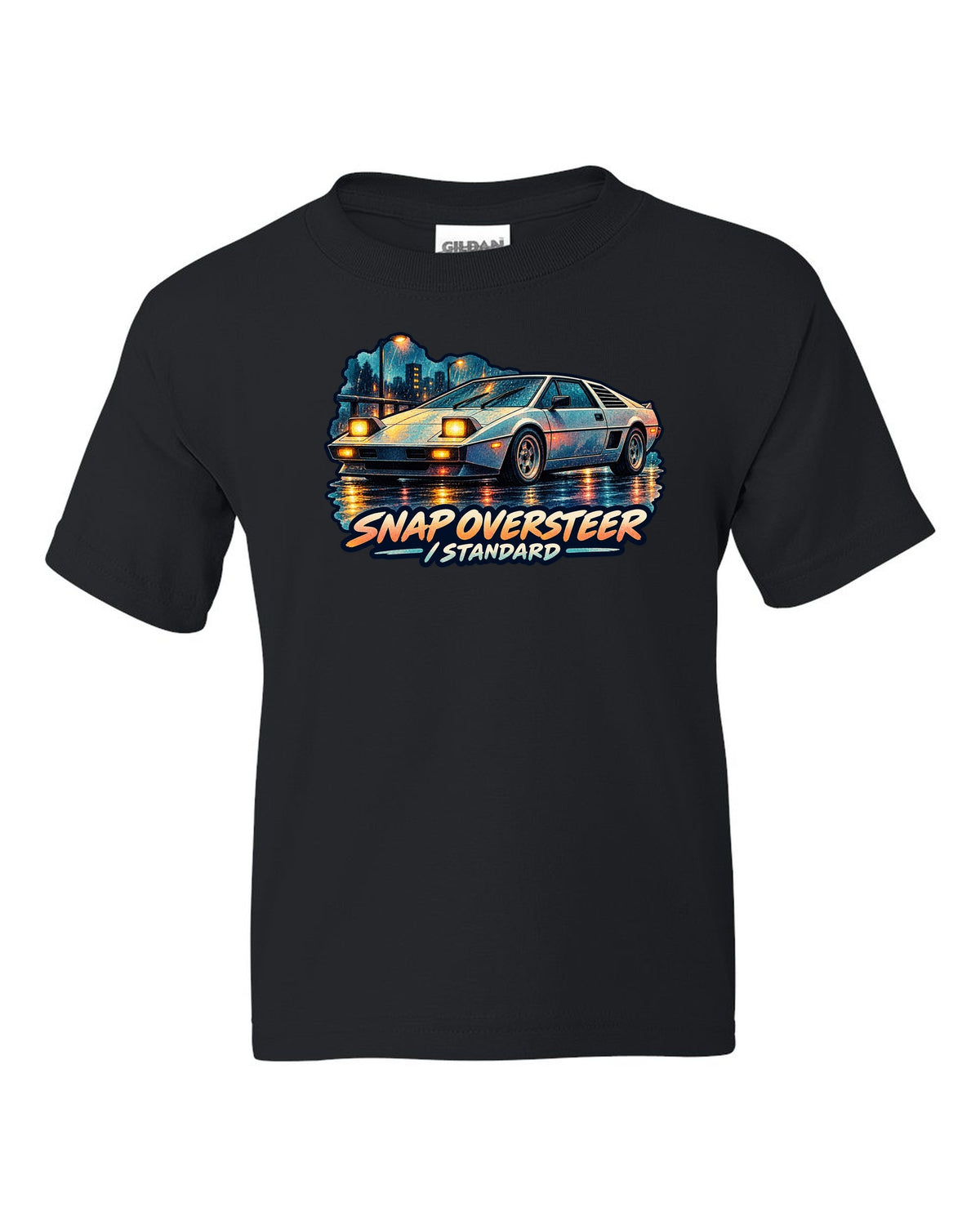 Watercolour wash of a Toyota MR2 AW11 driving in rain with oversteer slogan black kids tee front view with the design