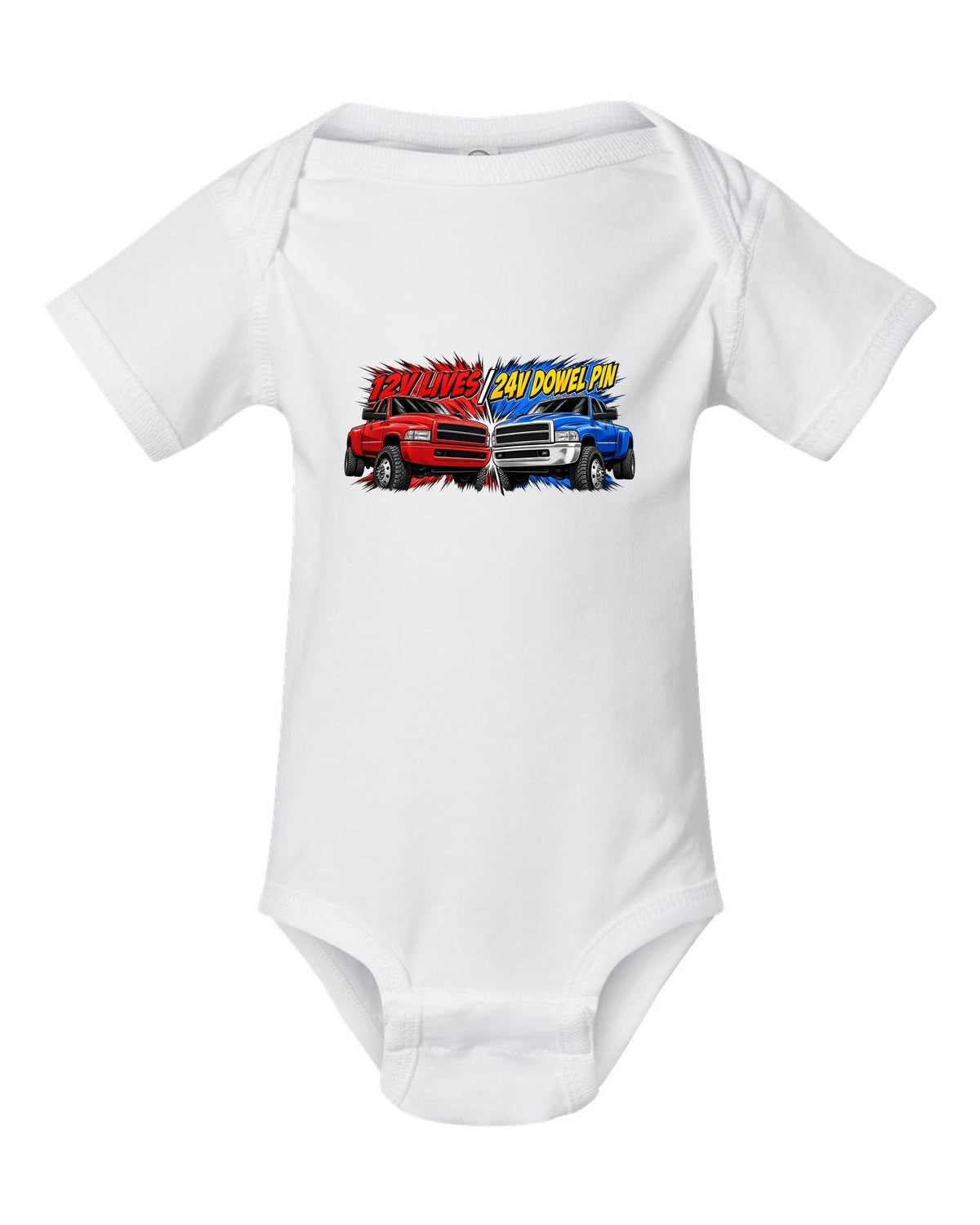 Retro manga halftone print of two Dodge Ram 2nd gen trucks with 12V lives and 24V dowel pin text white baby onesie front view with the design
