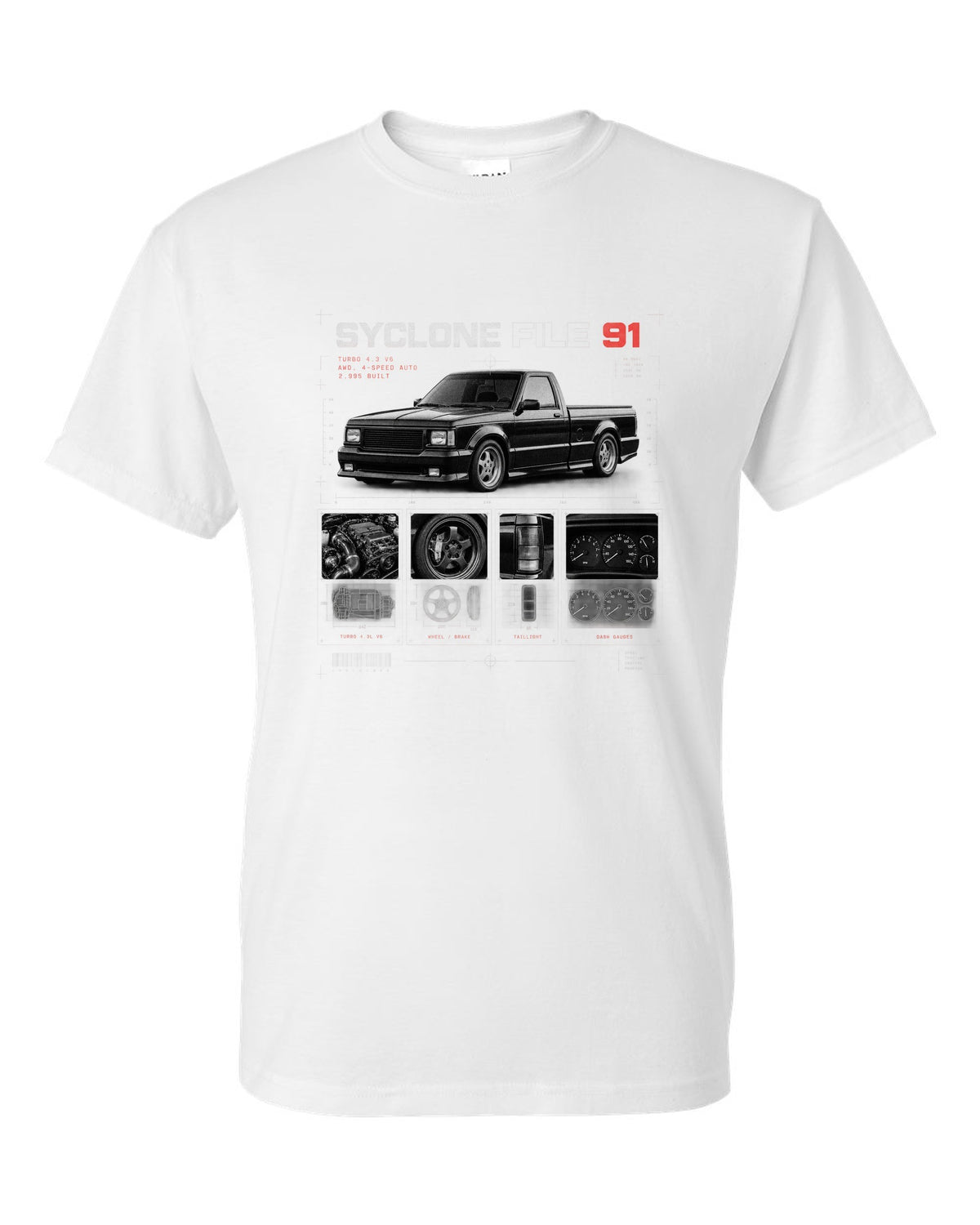 Dossier panel print of a 1991 GMC Syclone with turbo 4.3 V6 and 2,995 built text white t-shirt front view with the design