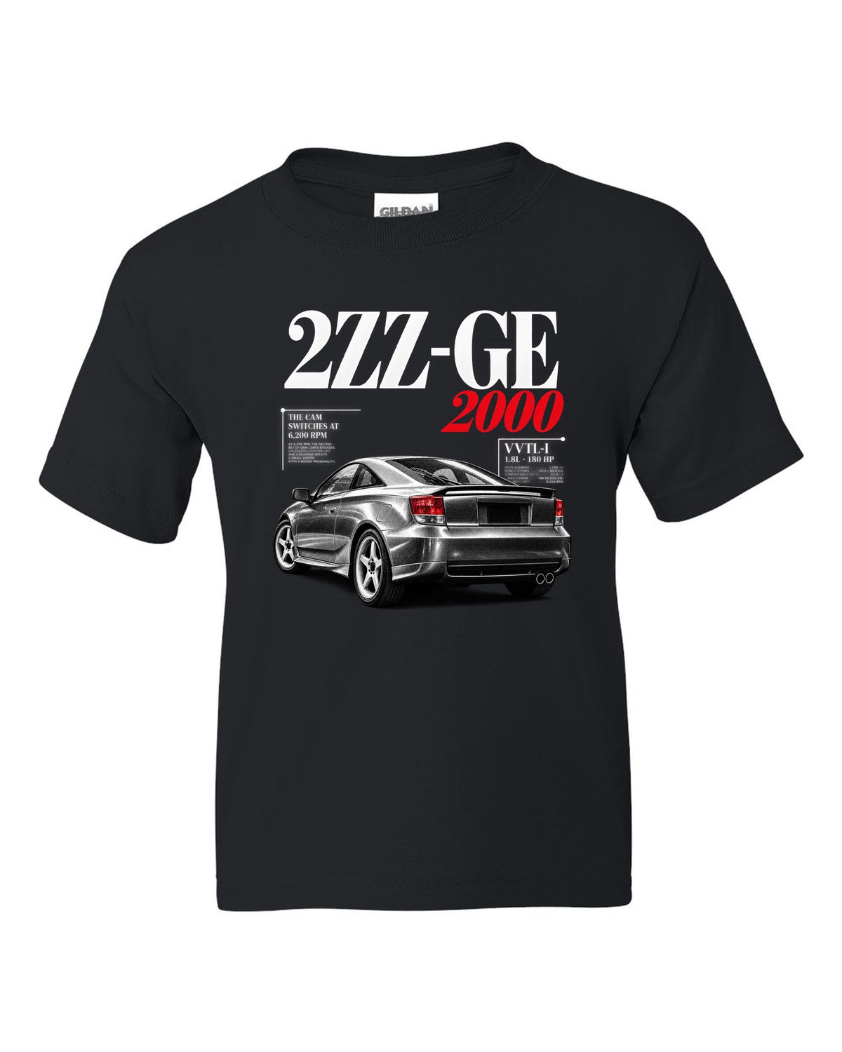 Editorial headline print of a Toyota Celica ZZT231 with 2ZZ-GE cam switches at 6,200 rpm black kids tee front view with the design