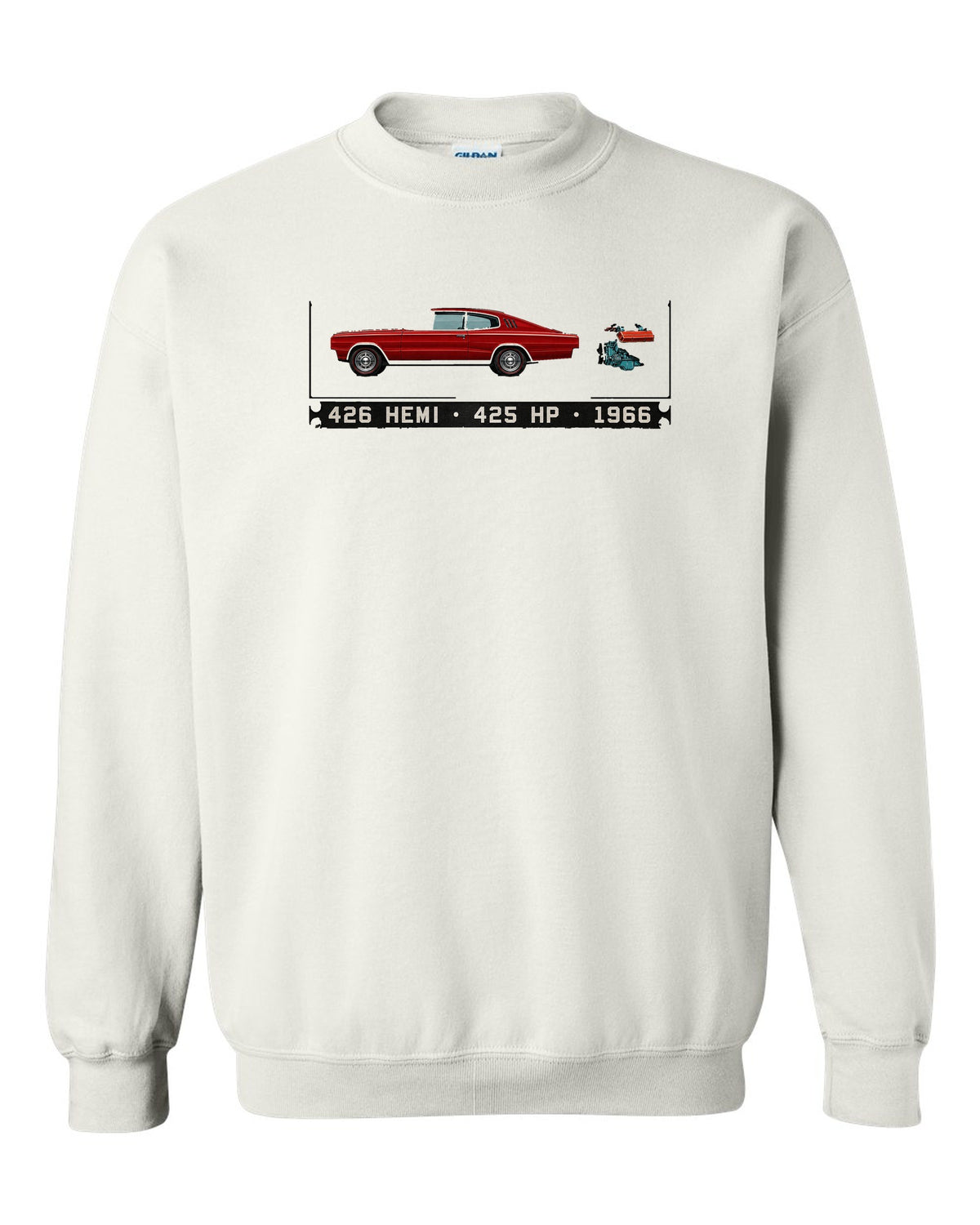 Spec-sheet data plate print of a 1966 Dodge Charger fastback with 426 Hemi text white crewneck front view with the design