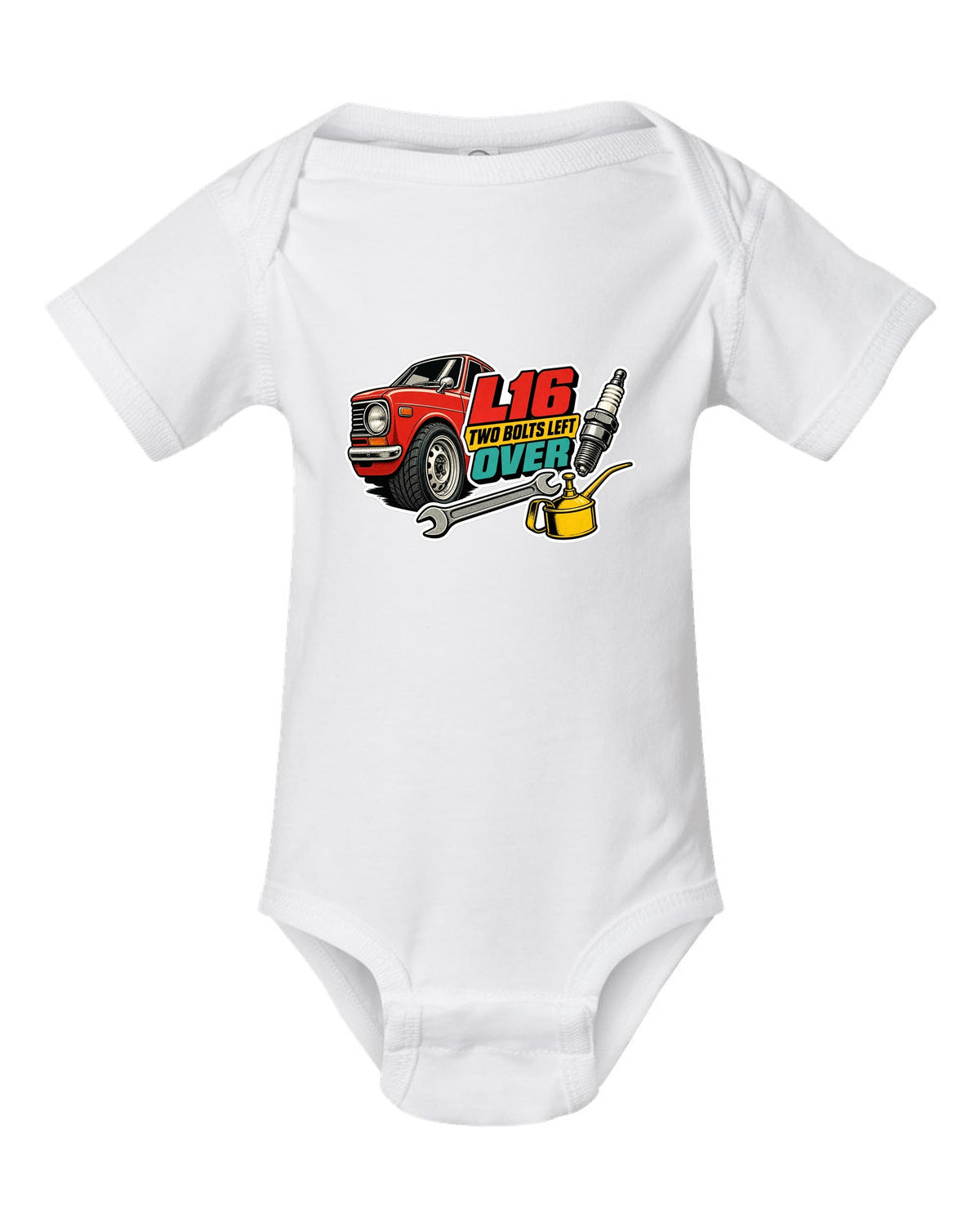 Datsun 510 wheel and fender sticker-bomb collage with L16 text on the front of a shirt white baby onesie front view with the design
