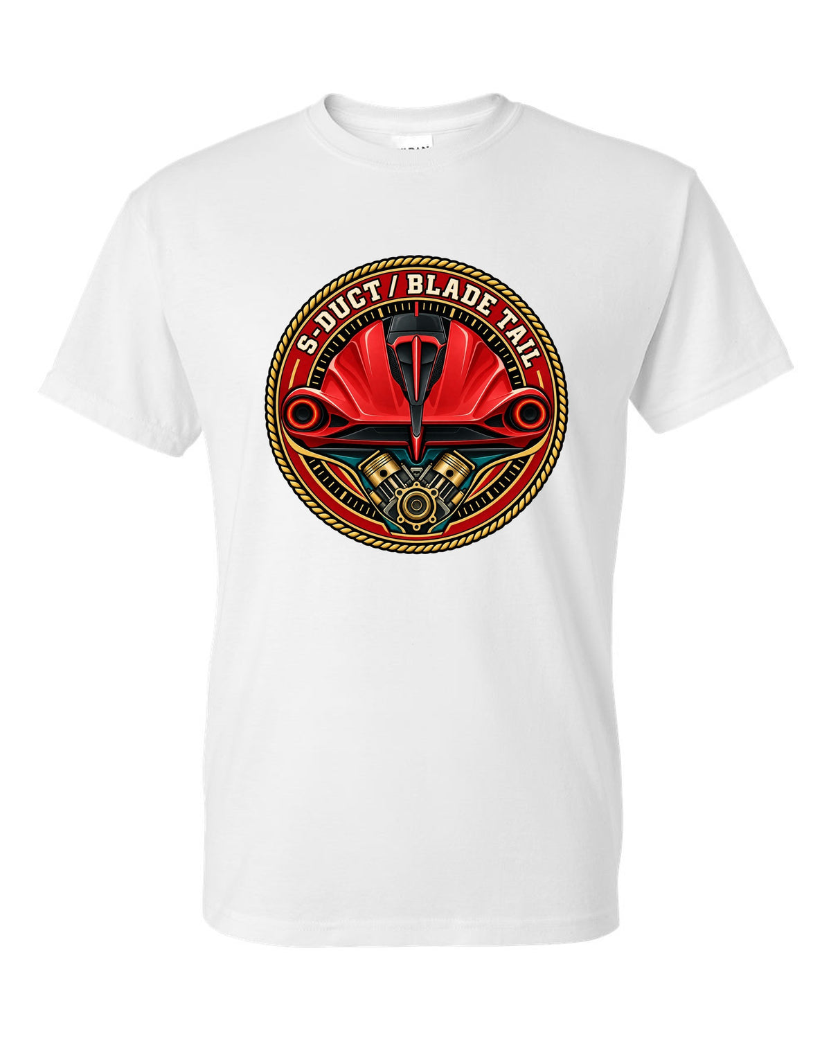 Round crest print for the Ferrari F8 Tributo with S-Duct and Blade Tail lettering white t-shirt front view with the design