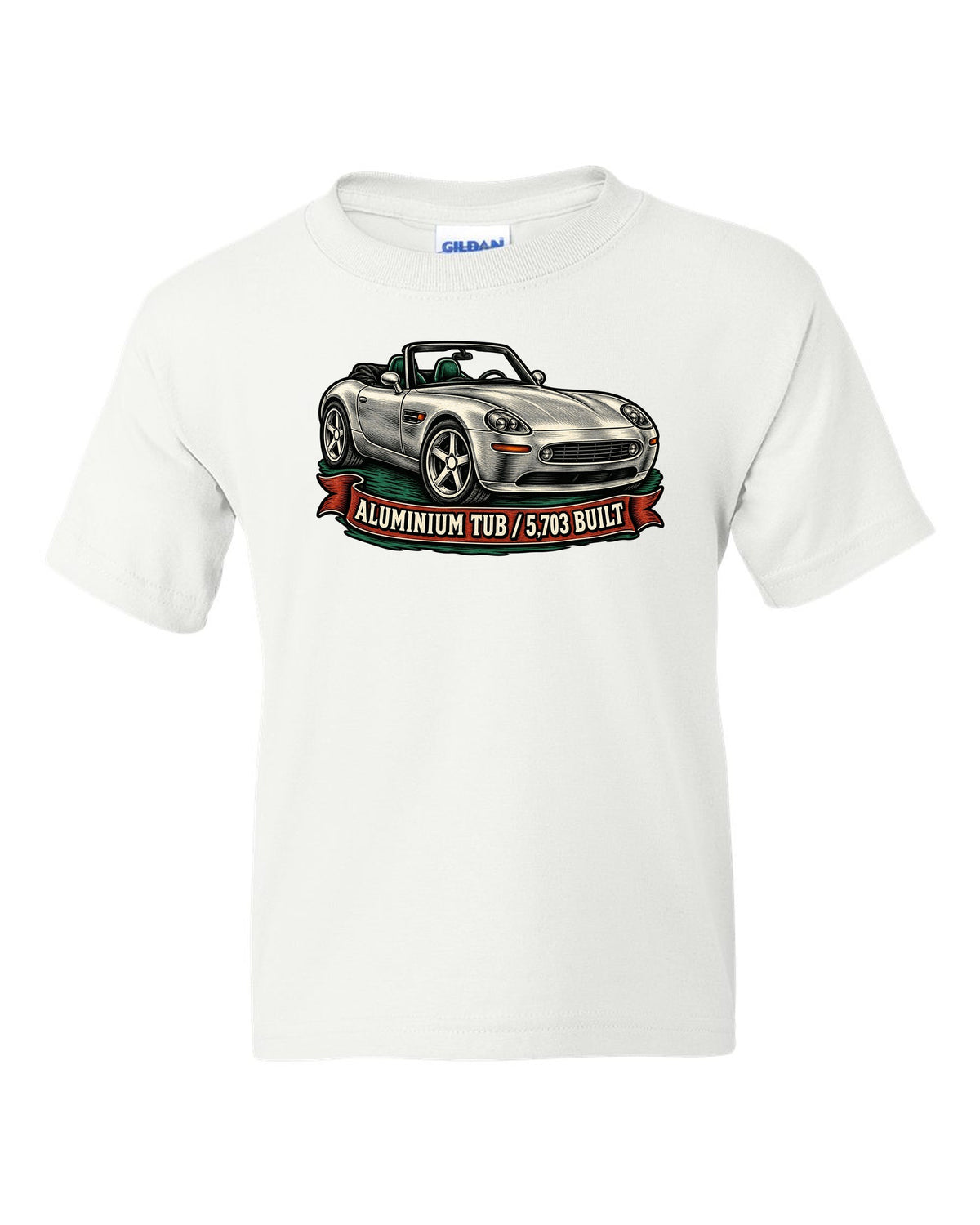 Woodcut linocut-style print of a BMW Z8 E52 roadster with 5,703 built text white kids tee front view with the design