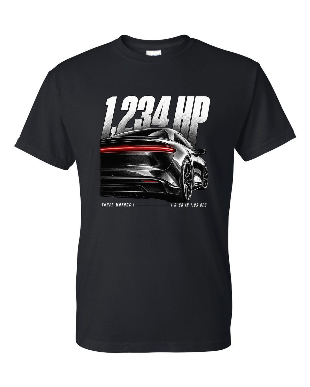 Rear detail macro of Lucid Air Sapphire 2023 with light slit and performance figures black t-shirt front view with the design