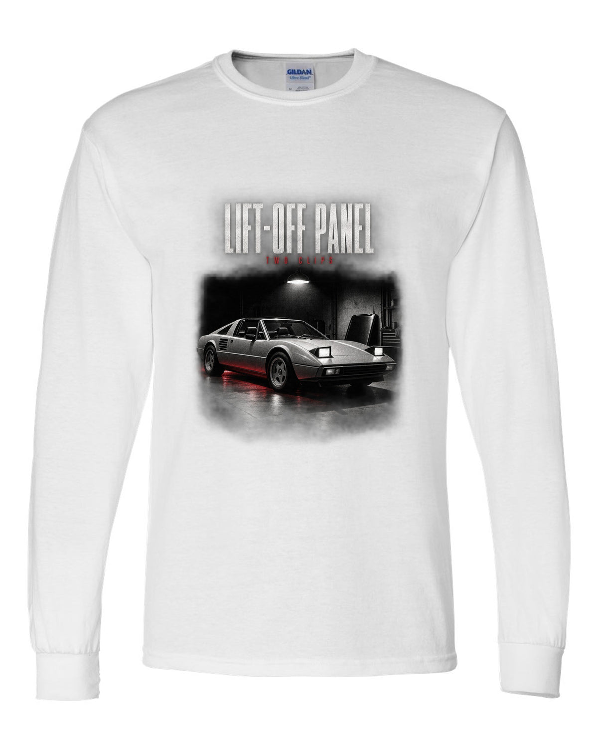 Ferrari 308 GTS 1977 targa garage night print, lift-off panel, two clips white long sleeve front view with the design