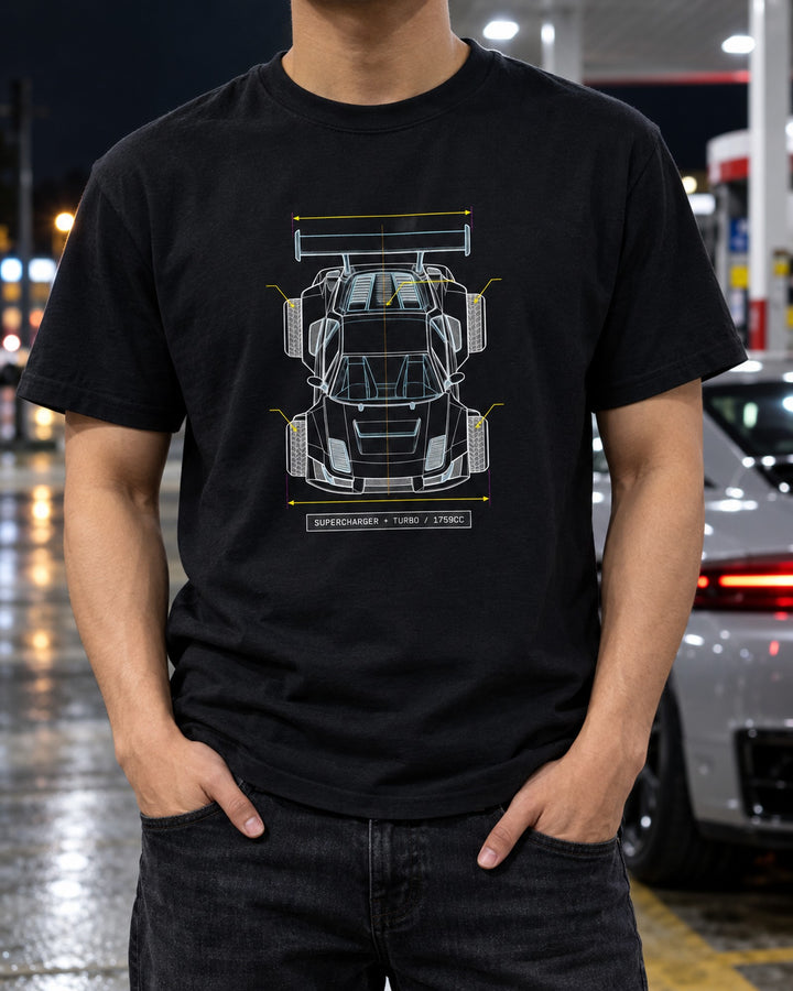 Lancia Delta S4 Overhead Blueprint Patent Style Shirt T-Shirt Black worn hero