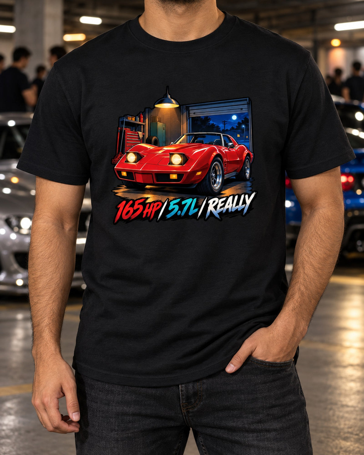 1975 Corvette C3 Stingray Anime Night Touge Shirt, 165 HP T-Shirt Black worn hero
