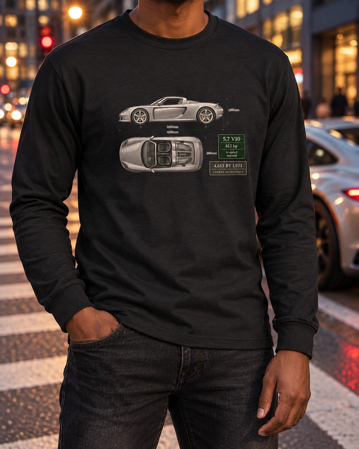 Porsche Carrera GT Top View Blueprint Tee, Carbon Monocoque Long Sleeve Black worn hero