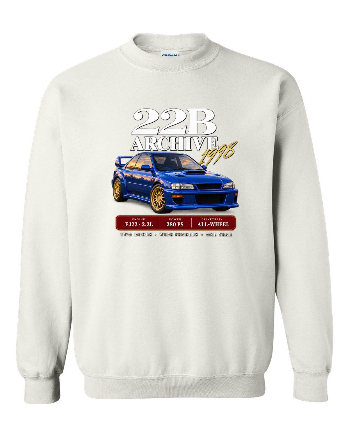 Subaru Impreza 22B STI 1998 archive panel with EJ22 2.2L 280 PS specs white crewneck front view with the design