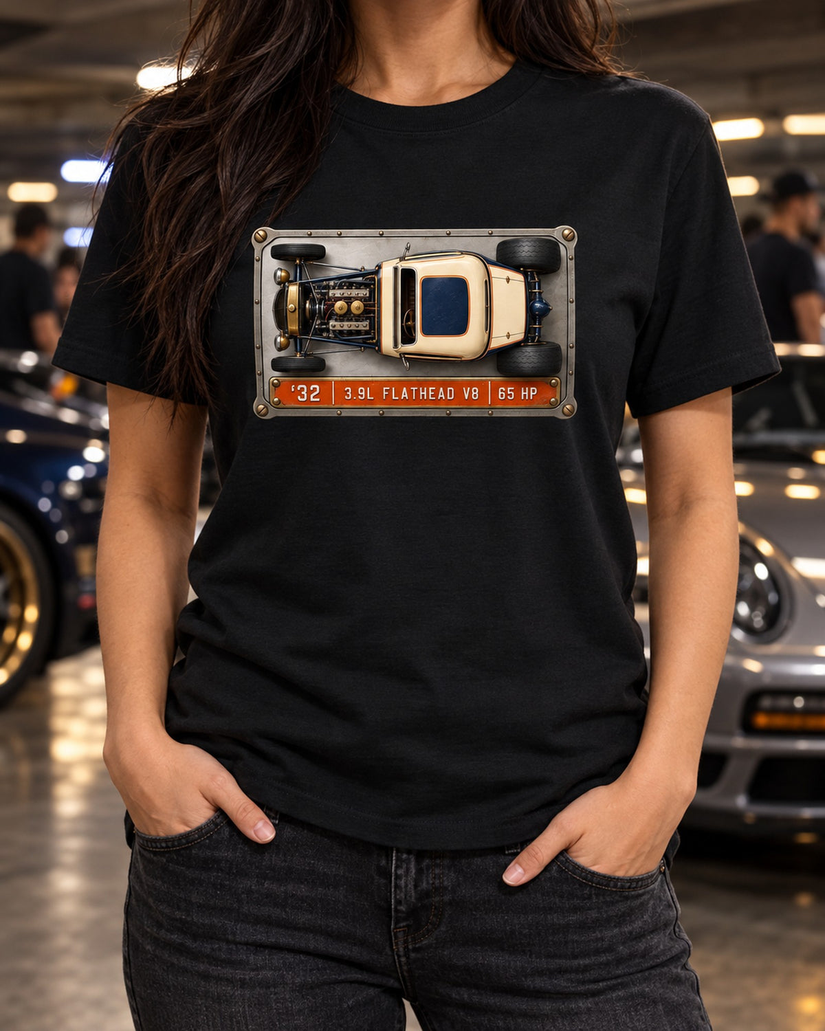 Ford 1932 Deuce Coupe Flathead V8 Data Plate Top-Down Shirt T-Shirt Black worn hero