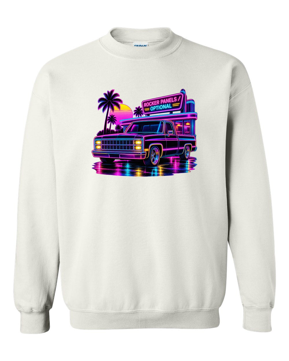 Neon synthwave line art print of a 1973-87 Chevrolet C10 Squarebody at a diner with rocker panels optional lettering white crewneck front view with the design