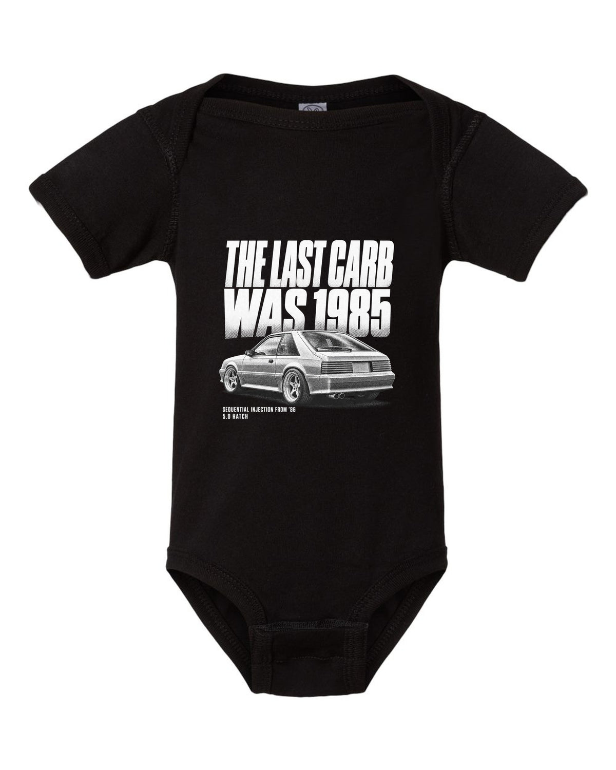 Halftone print of a 1986-89 Ford Mustang Fox Body GT chback black baby onesie front view with the design