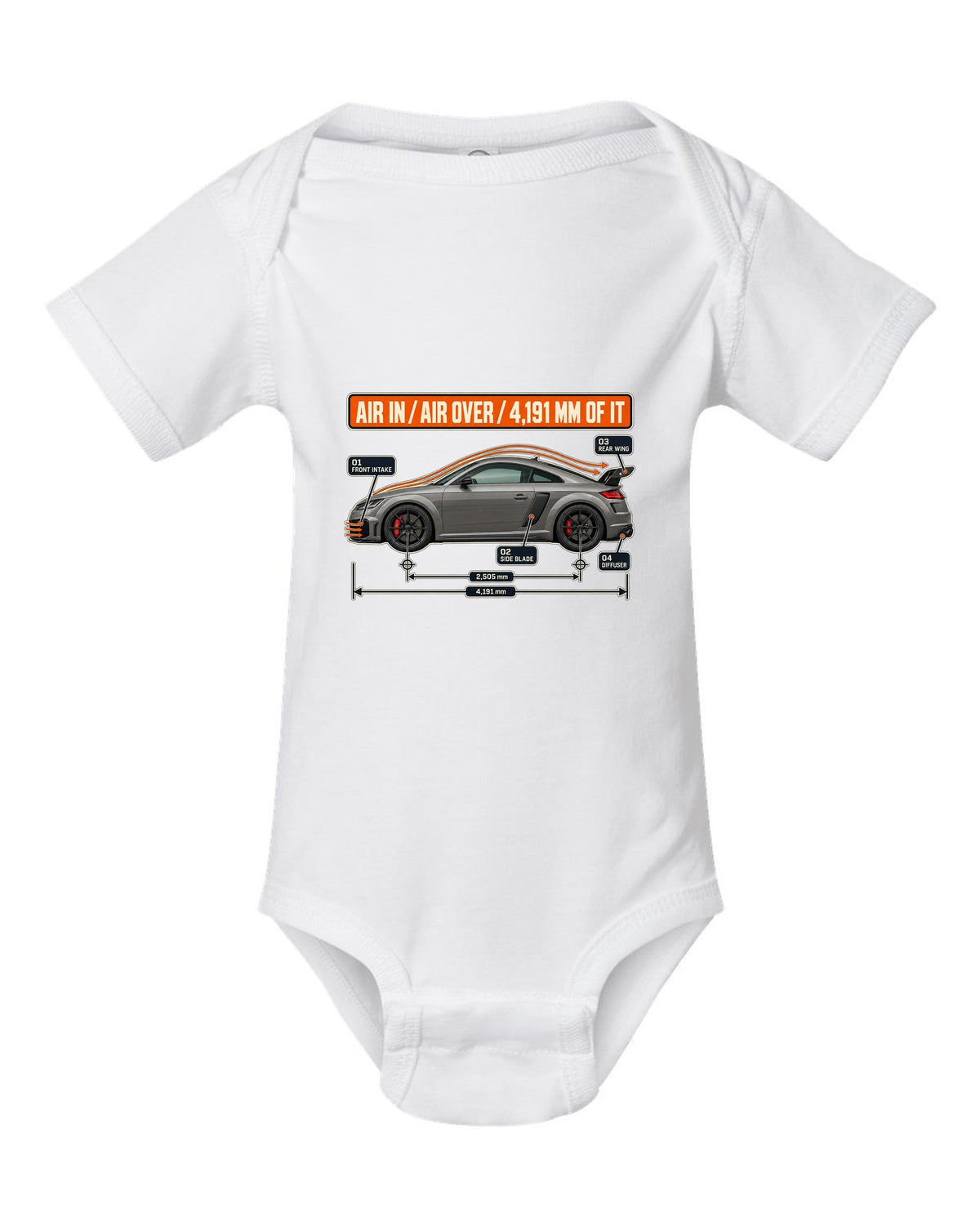 Audi TT RS facelift aero cutaway diagram with airflow callouts print white baby onesie front view with the design