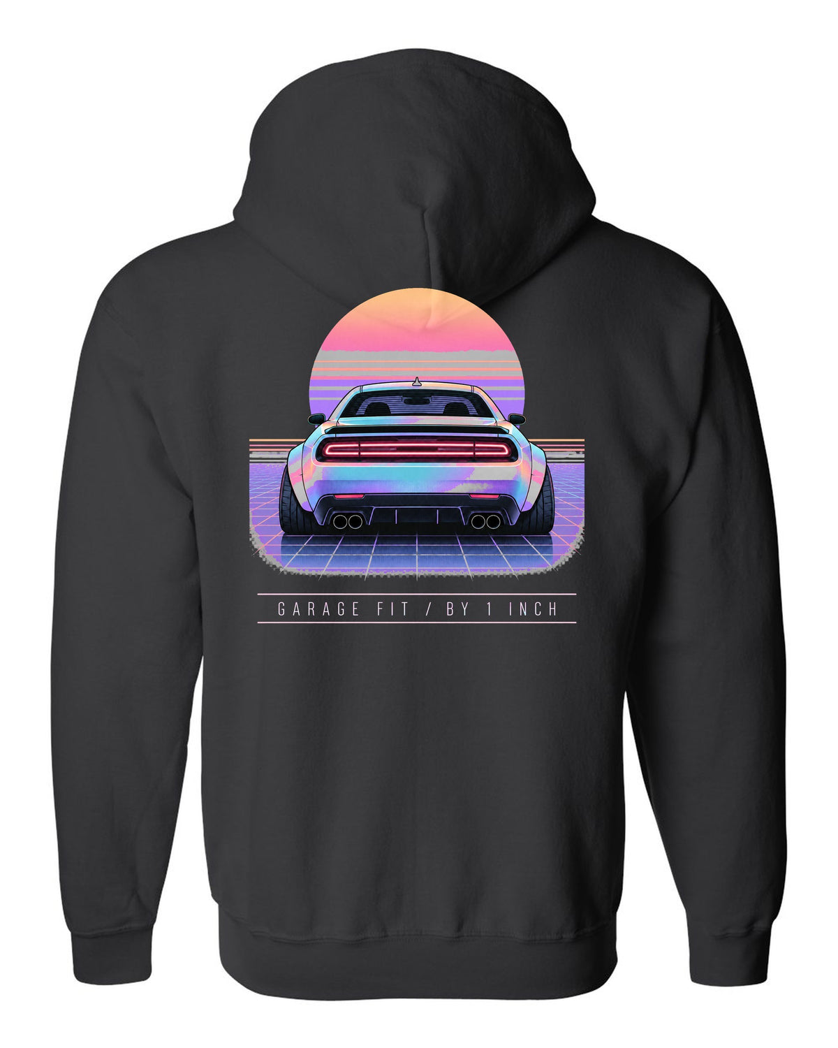 Vaporwave pastel print of a 2021 Dodge Challenger Scat Pack Widebody with garage fit text black zip hoodie back view with the design