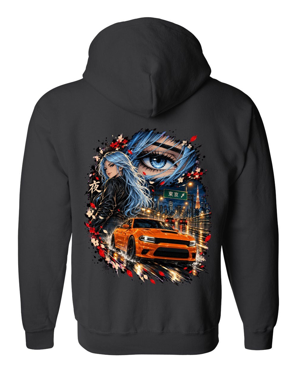 Dodge Charger Hellcat Anime Girl Zip Hoodie Black back
