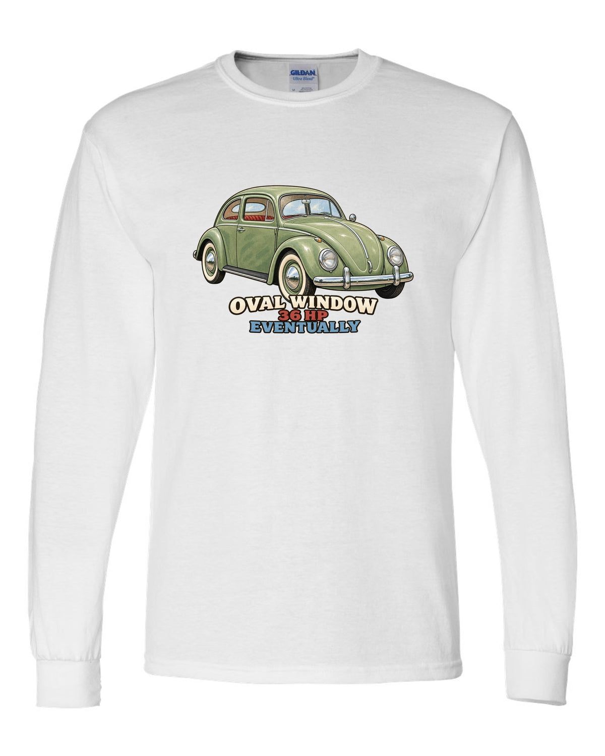 Gouache painted print of a 1956 VW Beetle Type 1 oval window with 36 HP lettering white long sleeve front view with the design